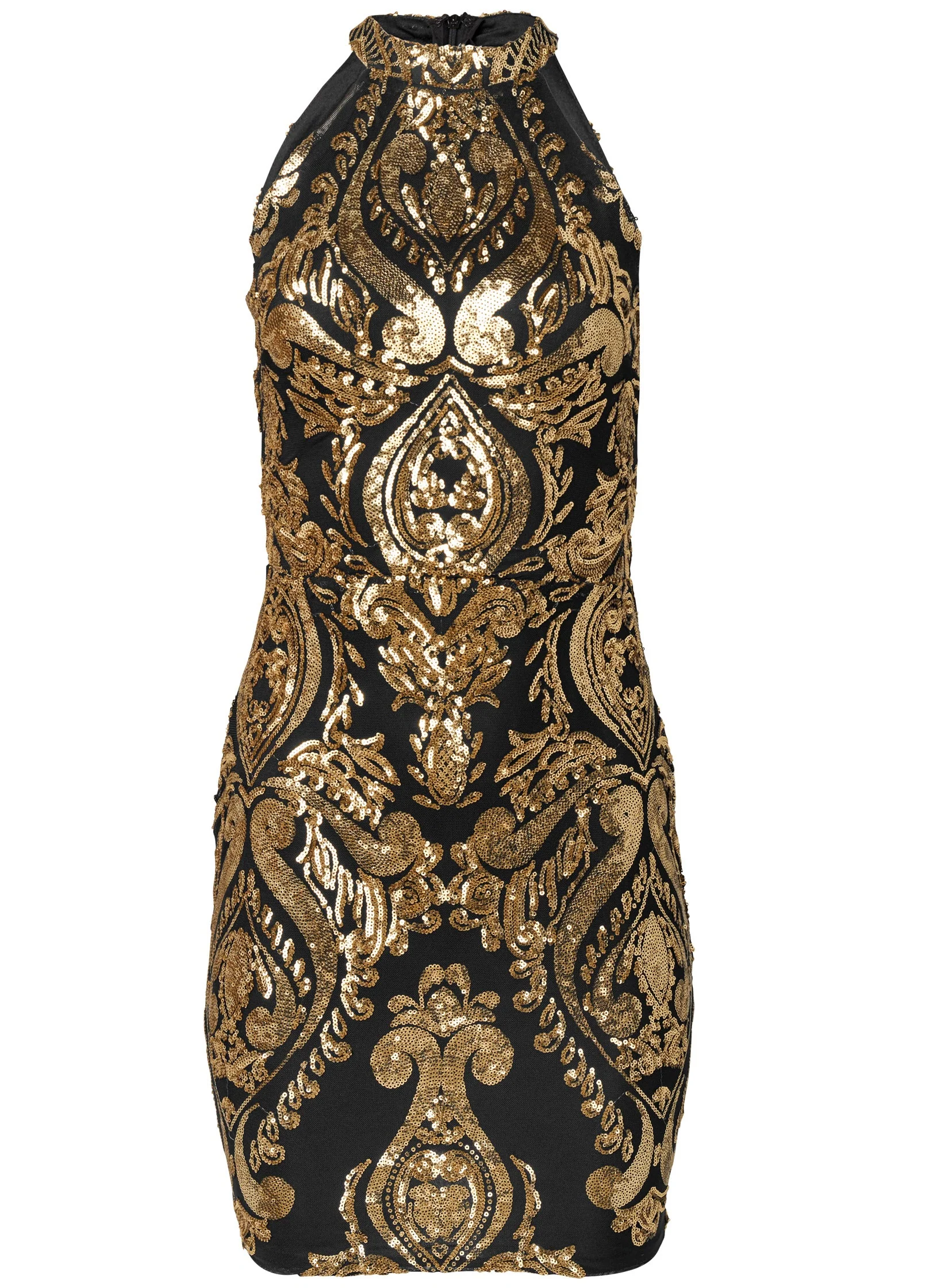 Embroidered Sequin Mini Dress - Black & Gold - Image 5