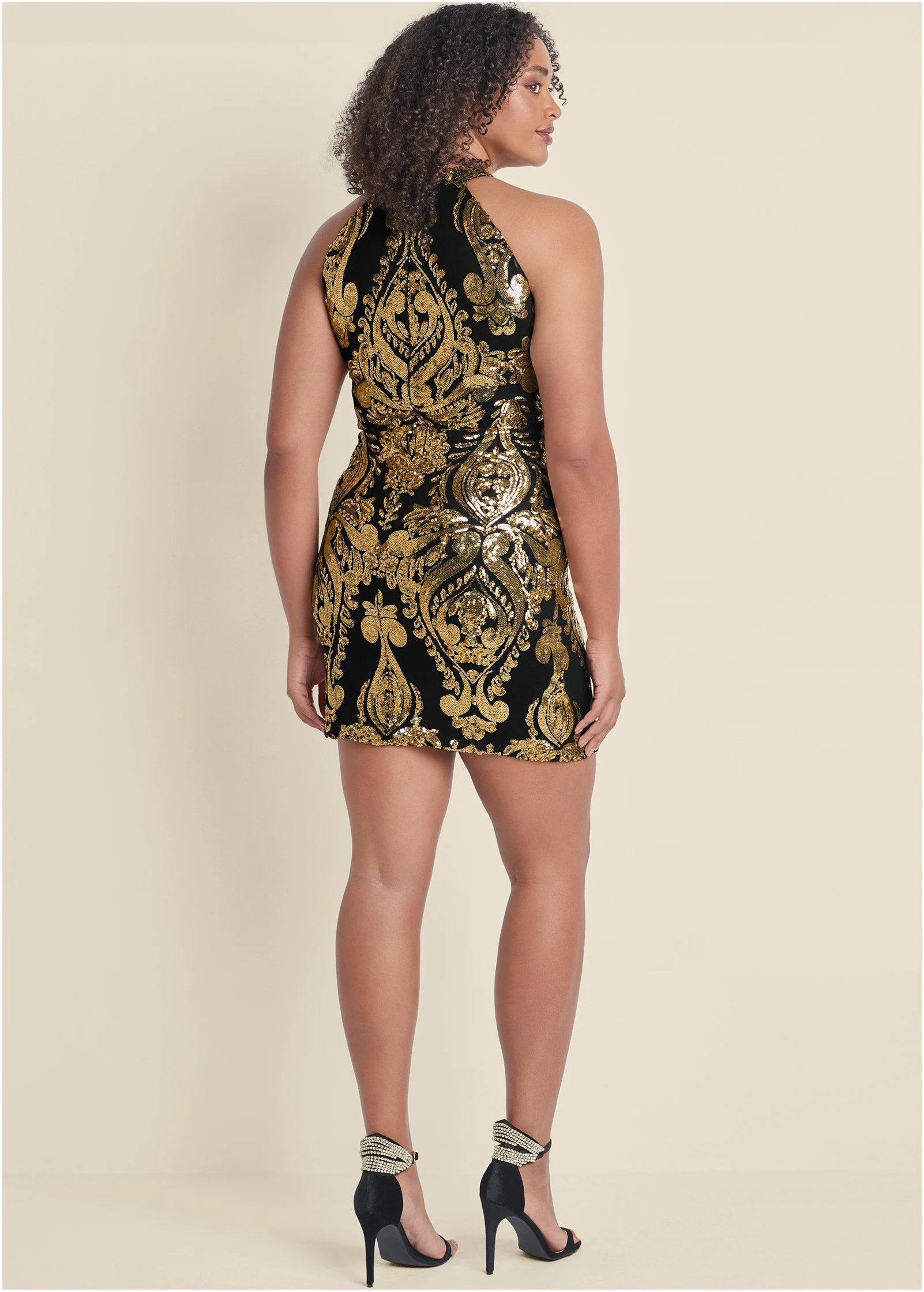 Embroidered Sequin Mini Dress - Black & Gold - Image 7