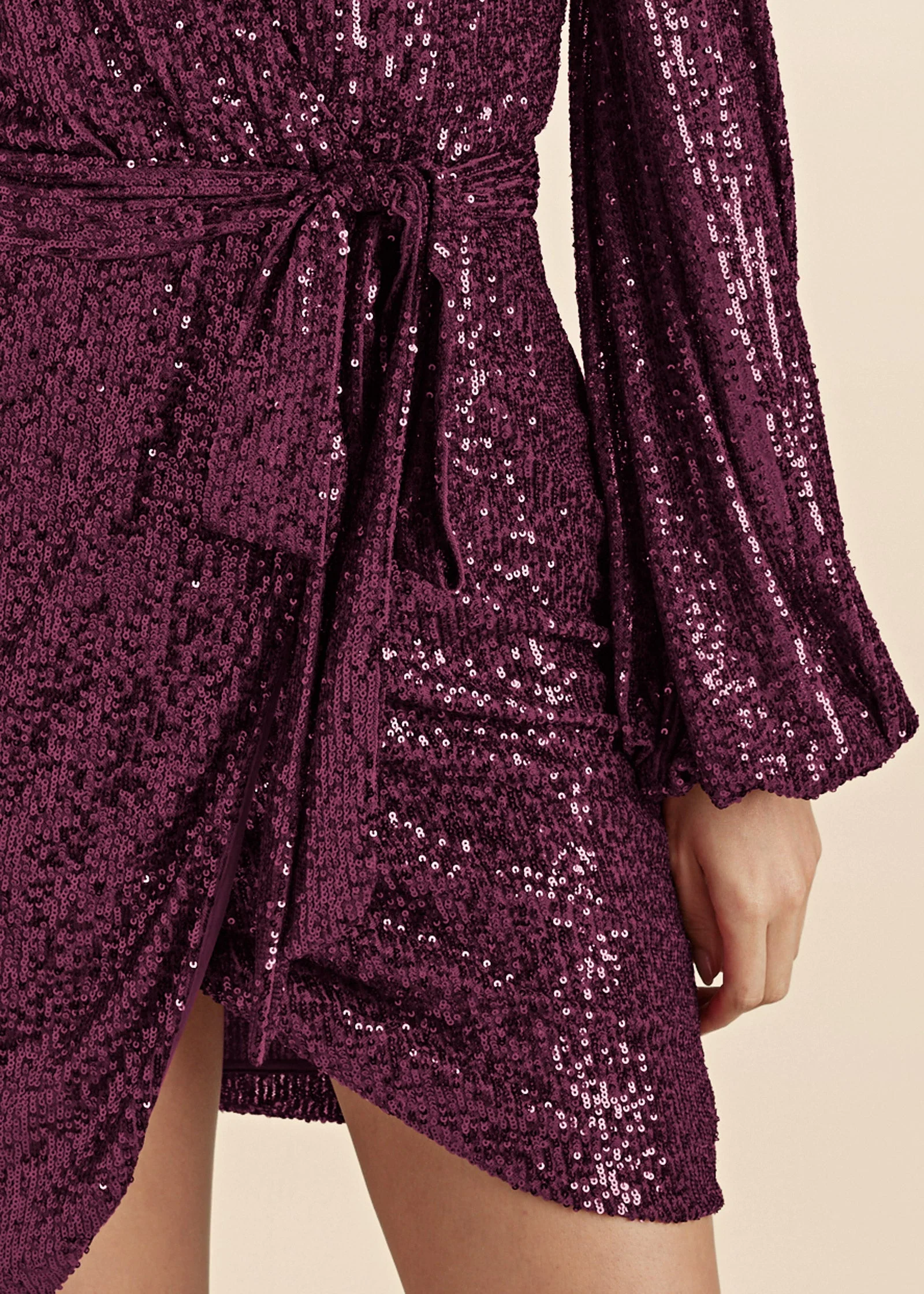 Belted Sequin Wrap Dress - Wine - Image 4