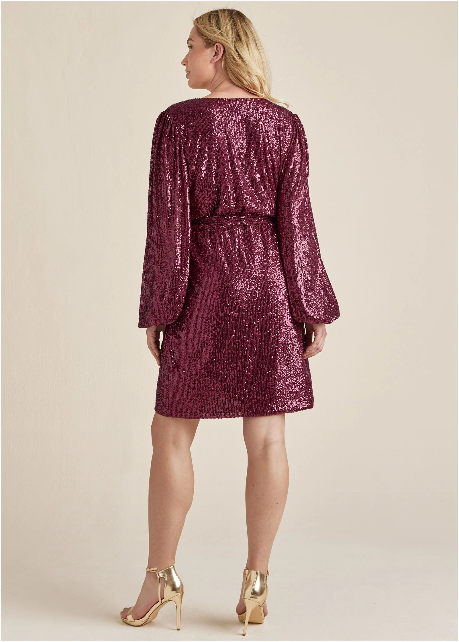 Belted Sequin Wrap Dress - Wine - Image 7