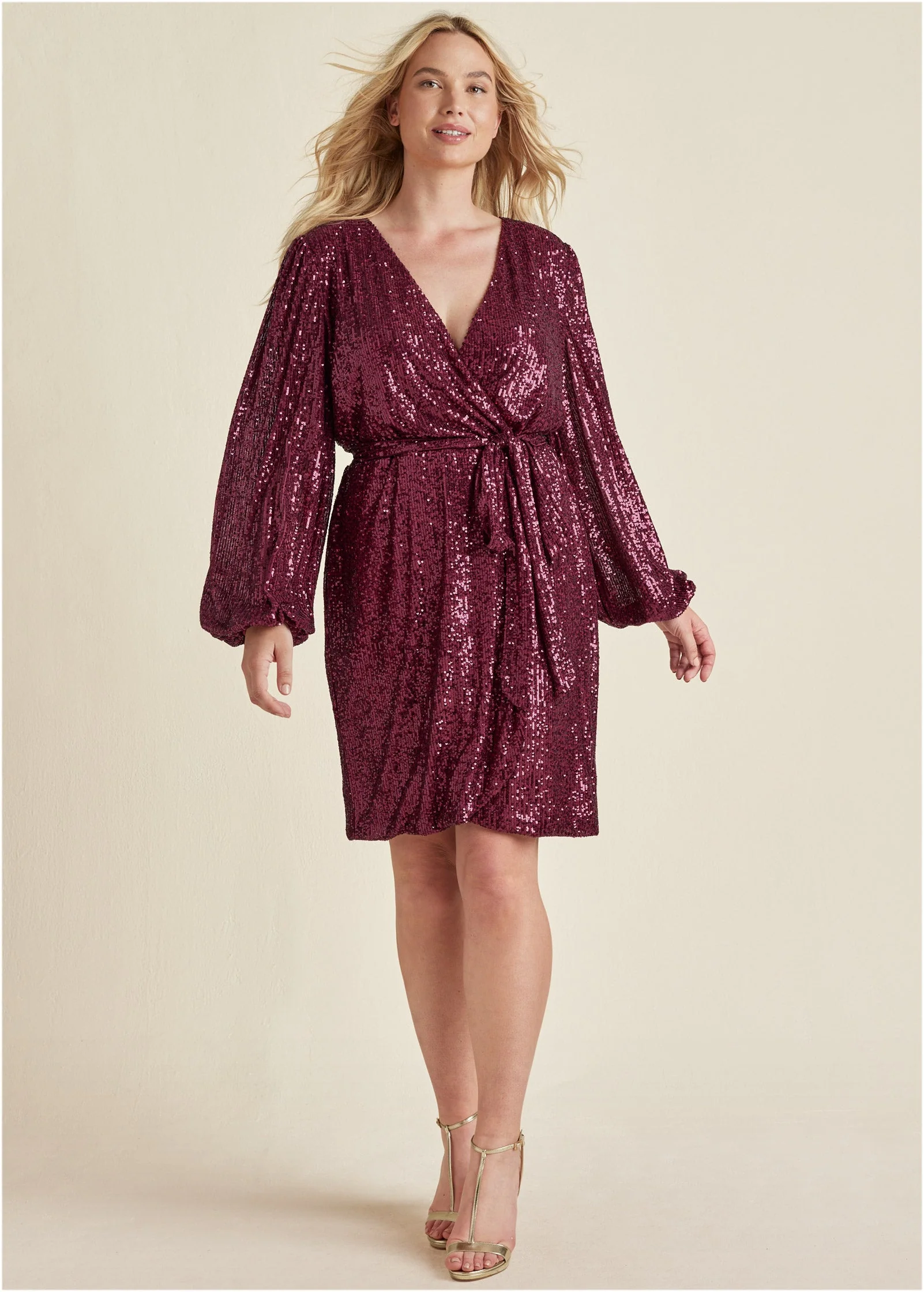 Belted Sequin Wrap Dress - Wine - Image 8