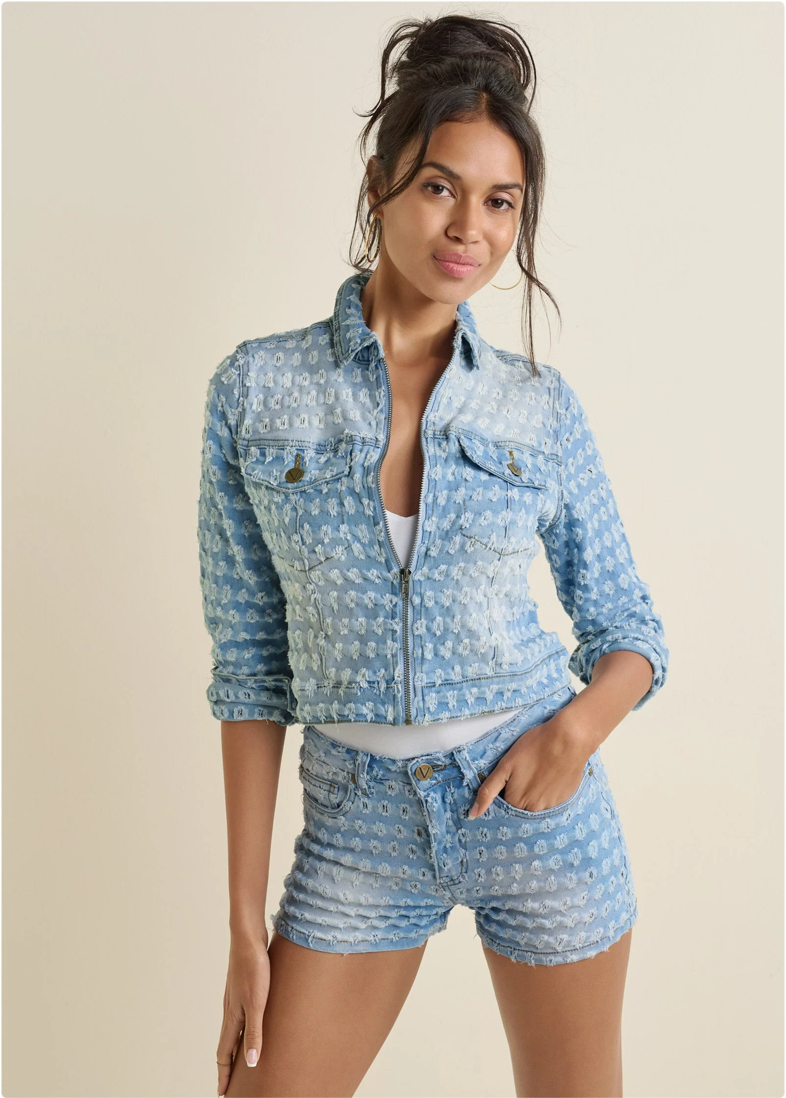 Laser Etched Denim Shorts - Light Wash - Image 8