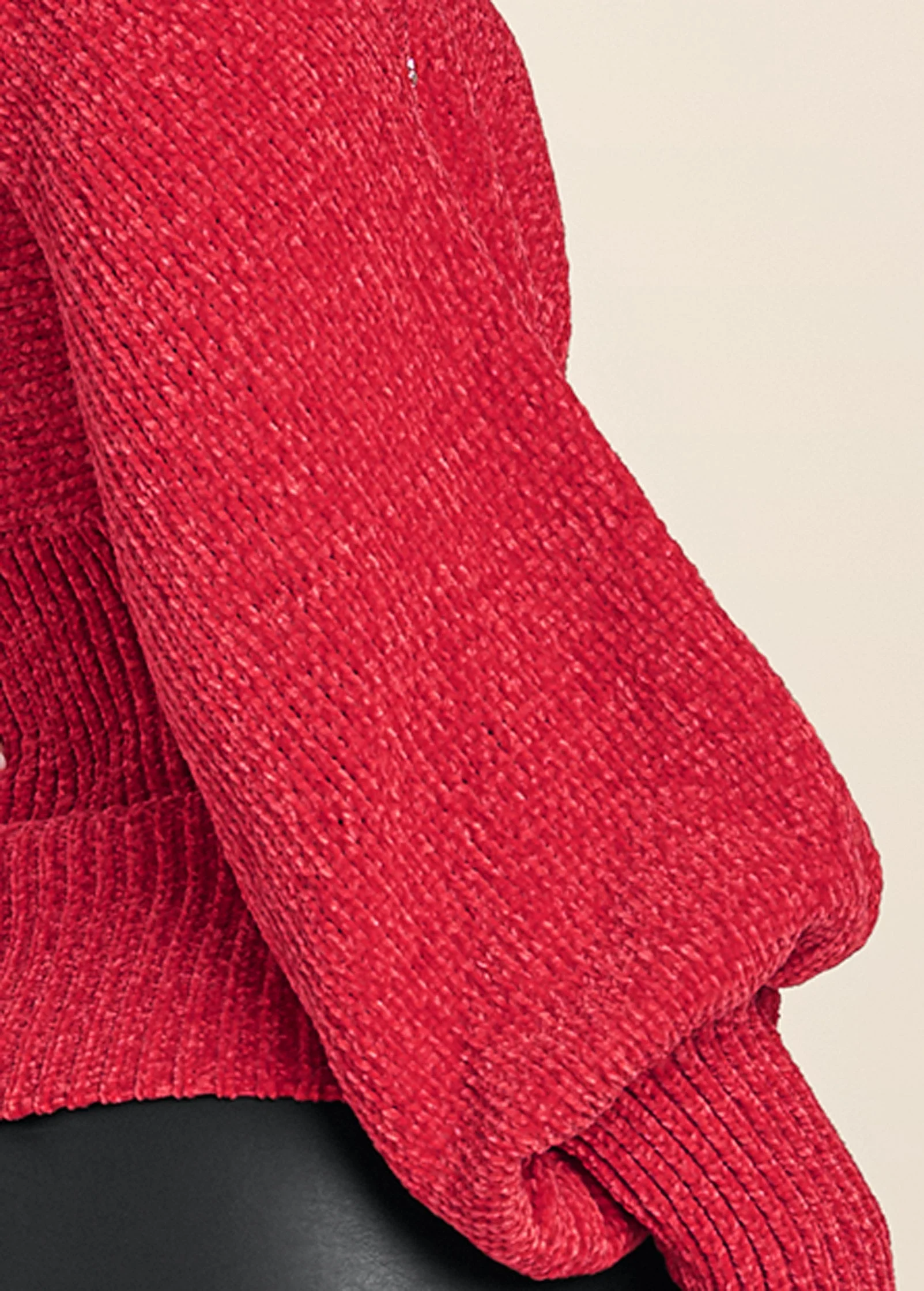 Jeweled Chenille Cold Shoulder Sweater - Red - Image 5