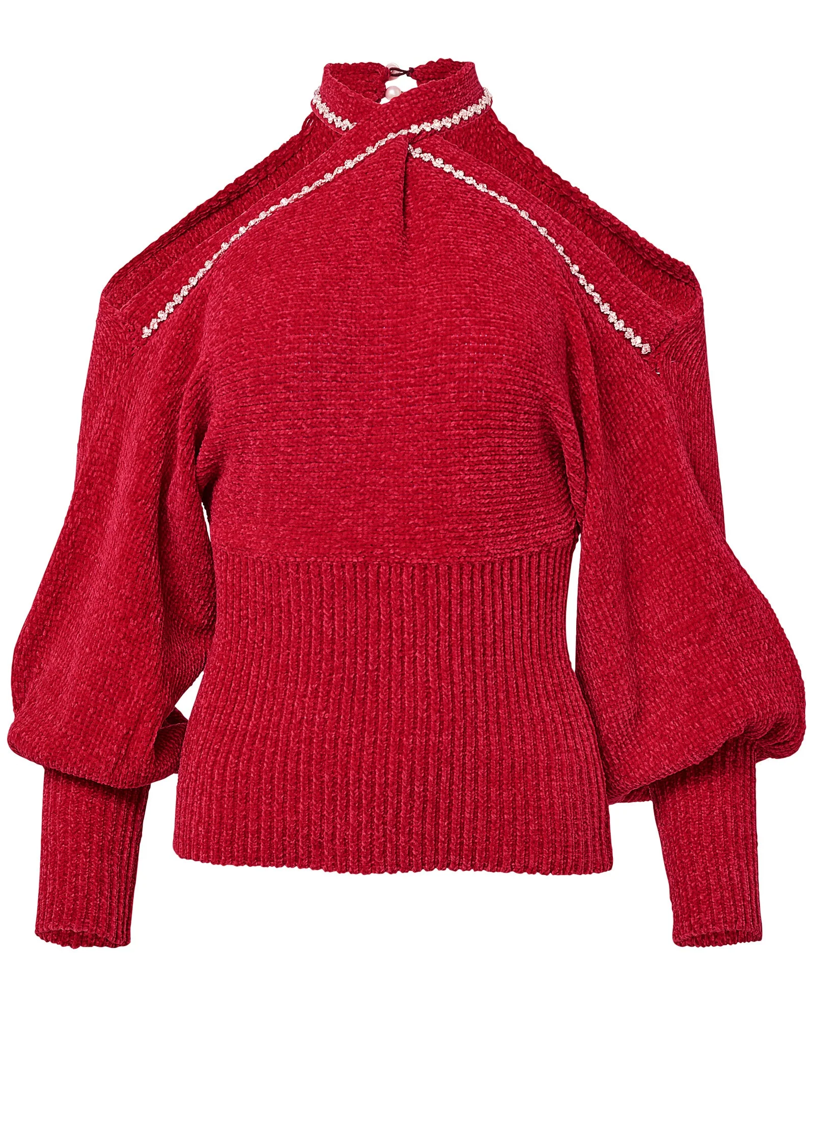 Jeweled Chenille Cold Shoulder Sweater - Red - Image 6