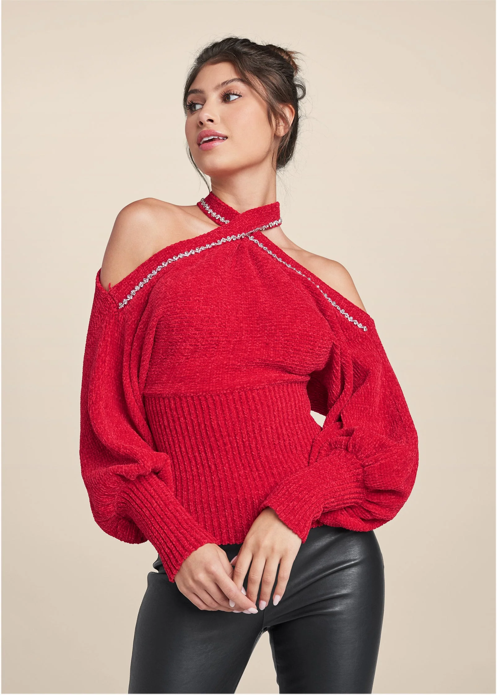 Jeweled Chenille Cold Shoulder Sweater - Red - Image 7