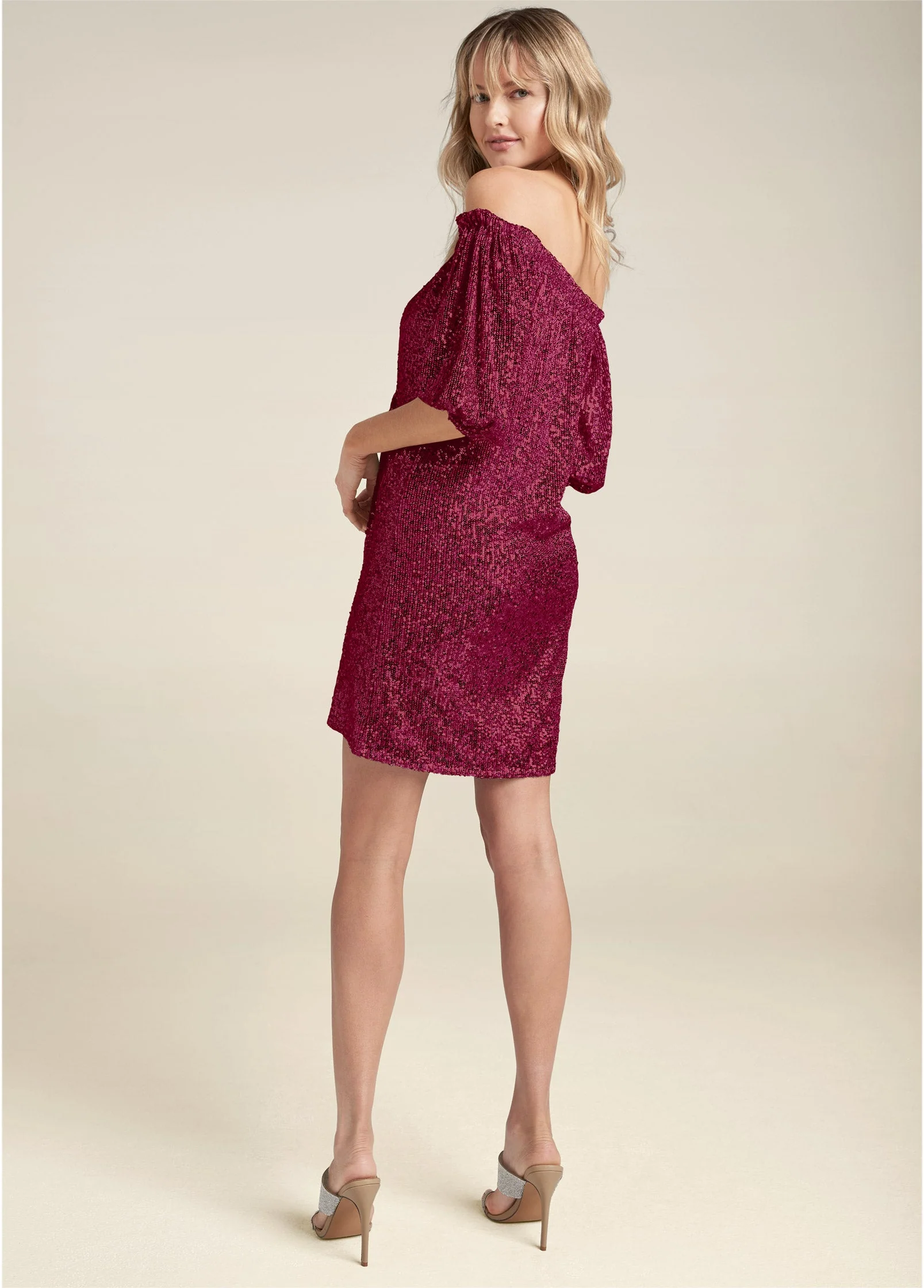 Sequin Off-The-Shoulder Dress - Red - Image 3