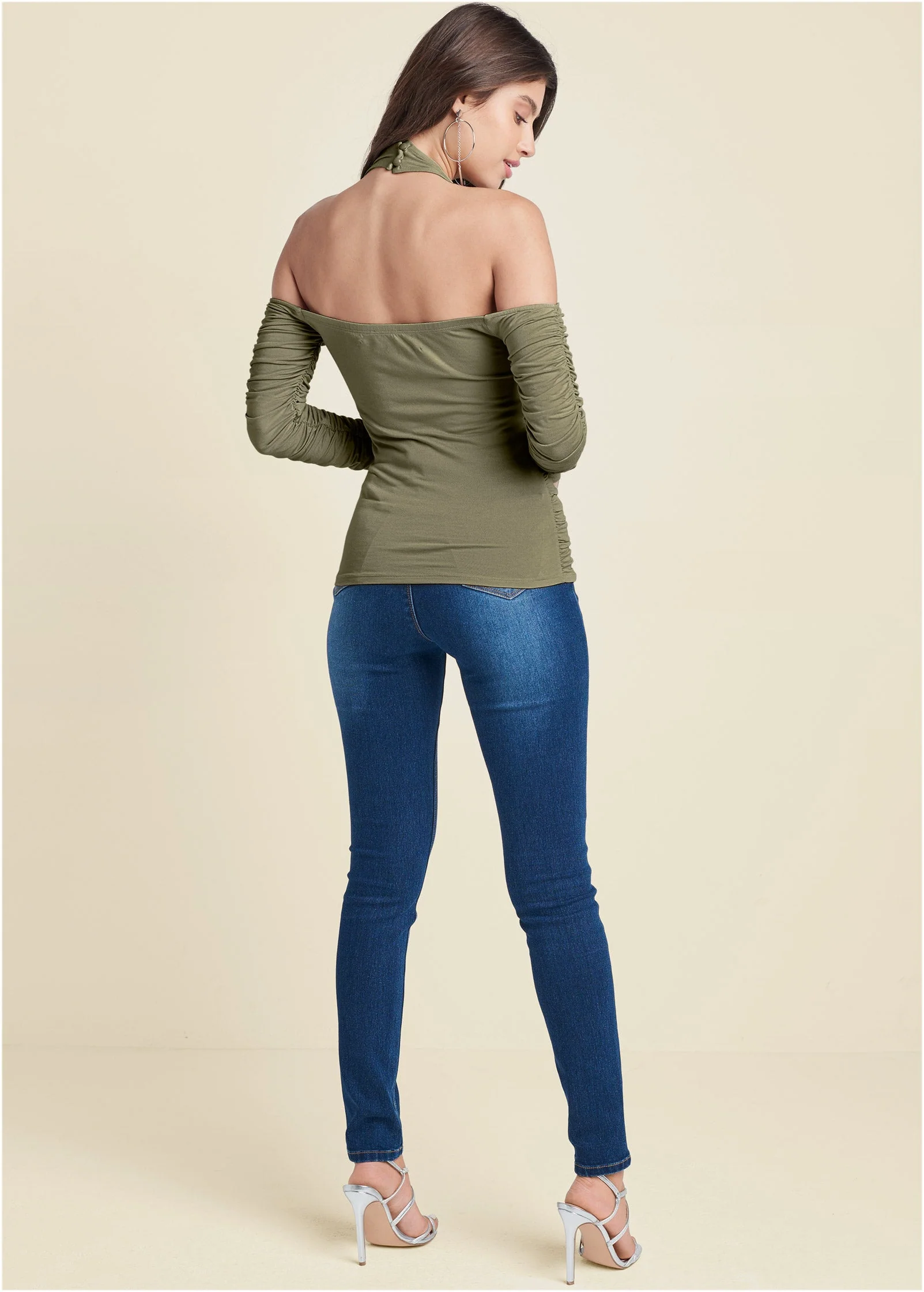 Zip-Up Ruched V-Neck Top - Olive - Image 3