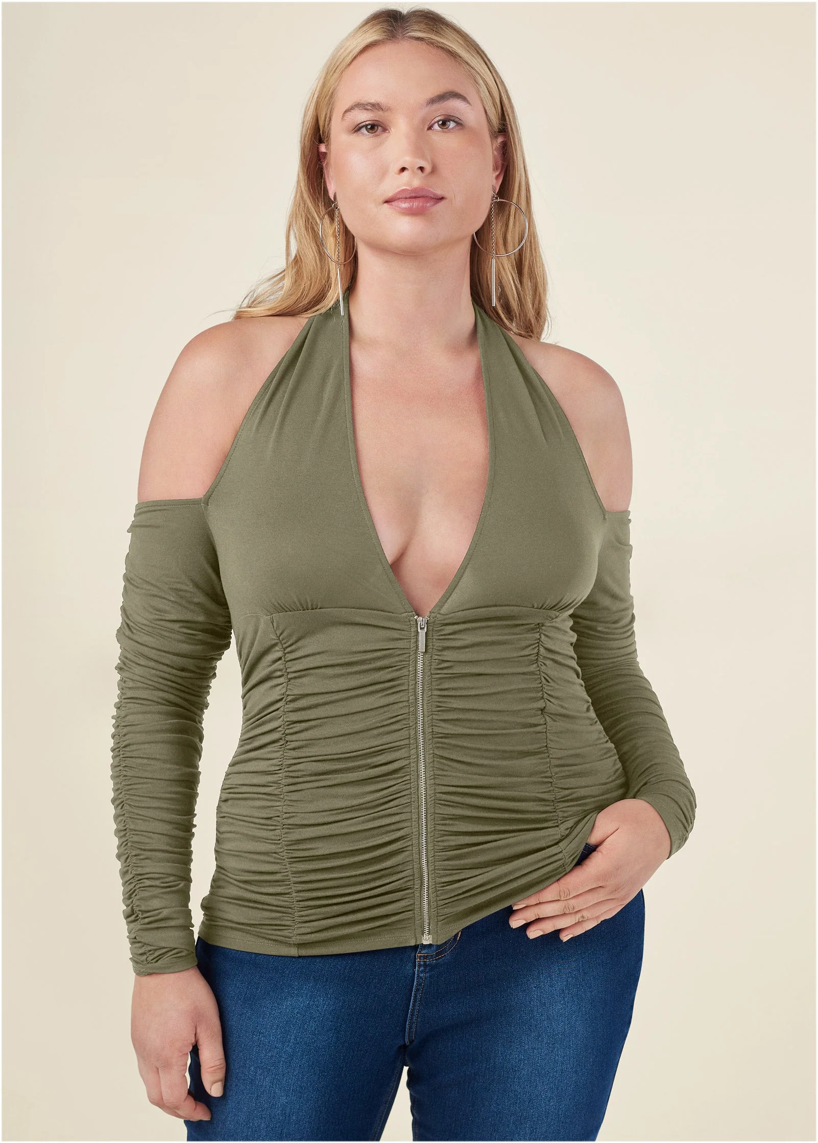 Zip-Up Ruched V-Neck Top - Olive - Image 7