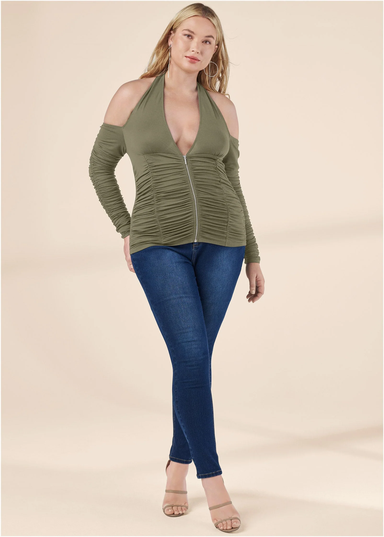 Zip-Up Ruched V-Neck Top - Olive - Image 8