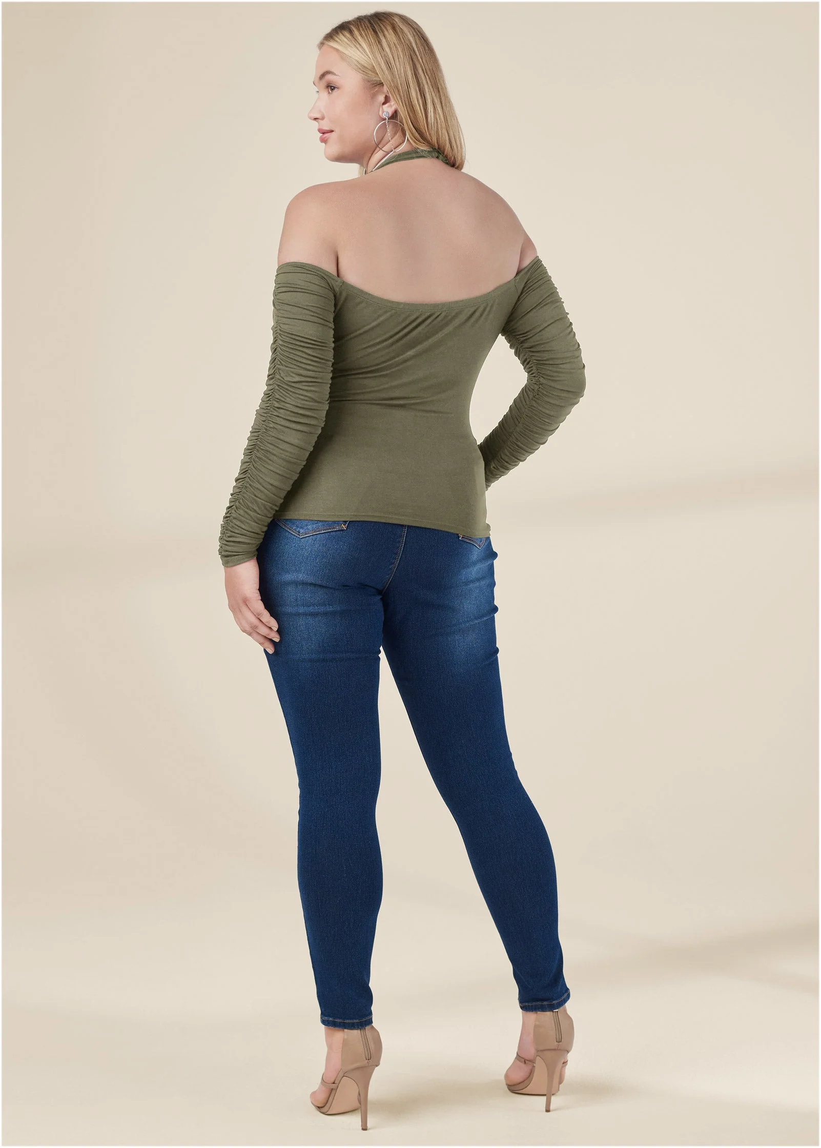 Zip-Up Ruched V-Neck Top - Olive - Image 9