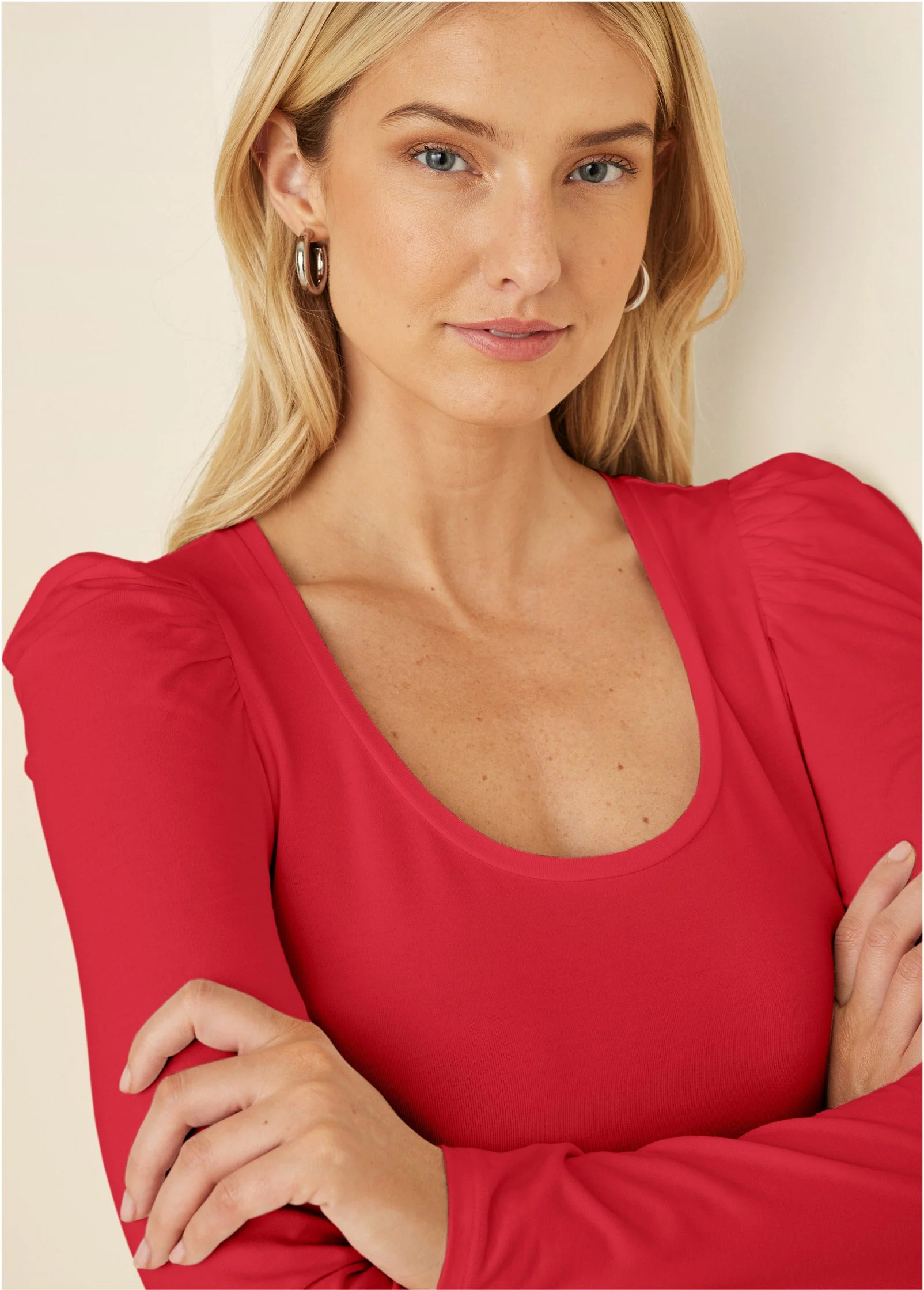 Puff Shoulder Long Sleeve Top - Red - Image 3