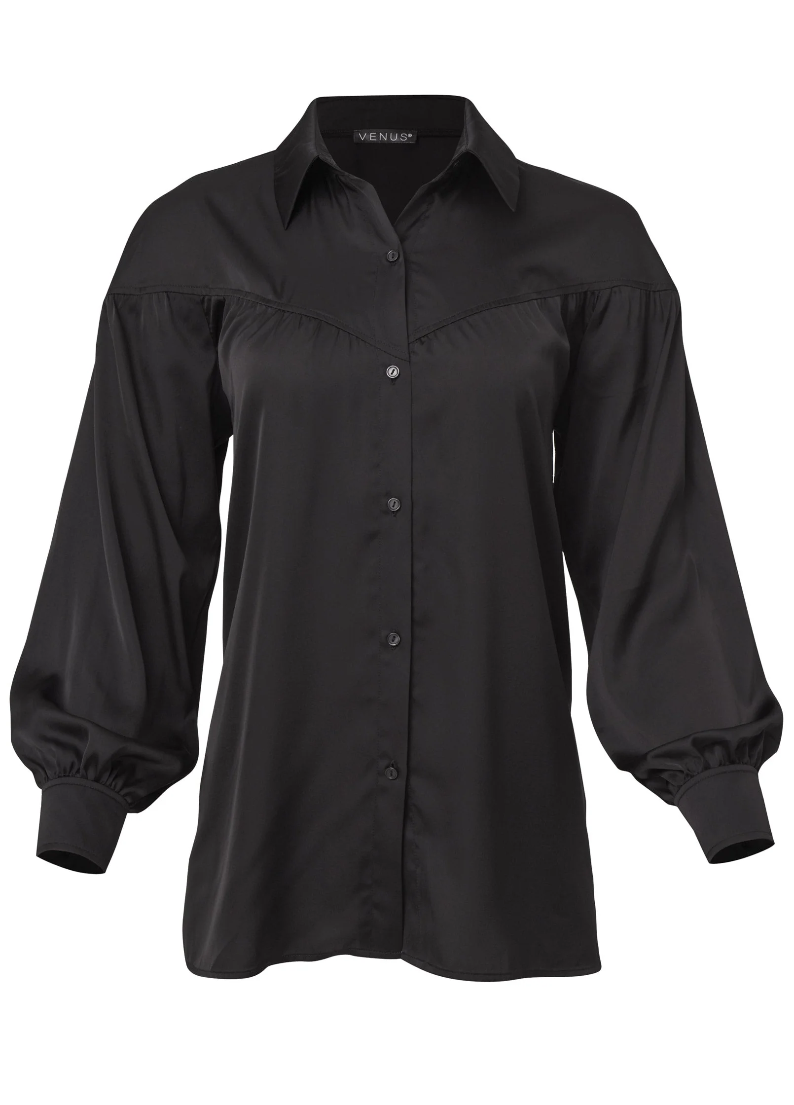 Satin Long Sleeve Blouse - Jet Black - Image 6