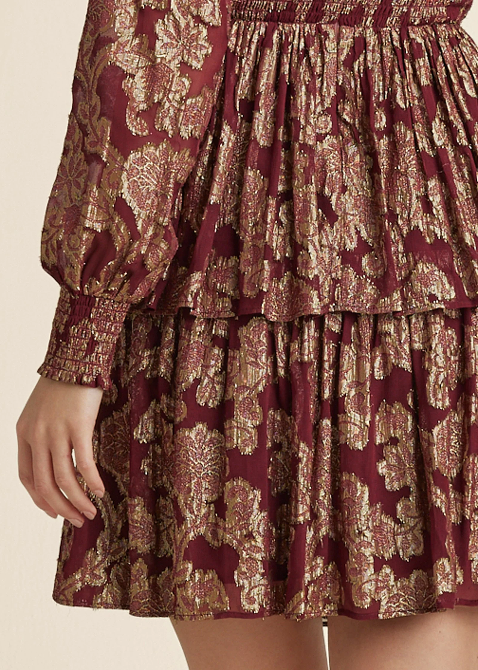 Smocked Waist Jaquard Mini Dress - Wine & Gold - Image 5