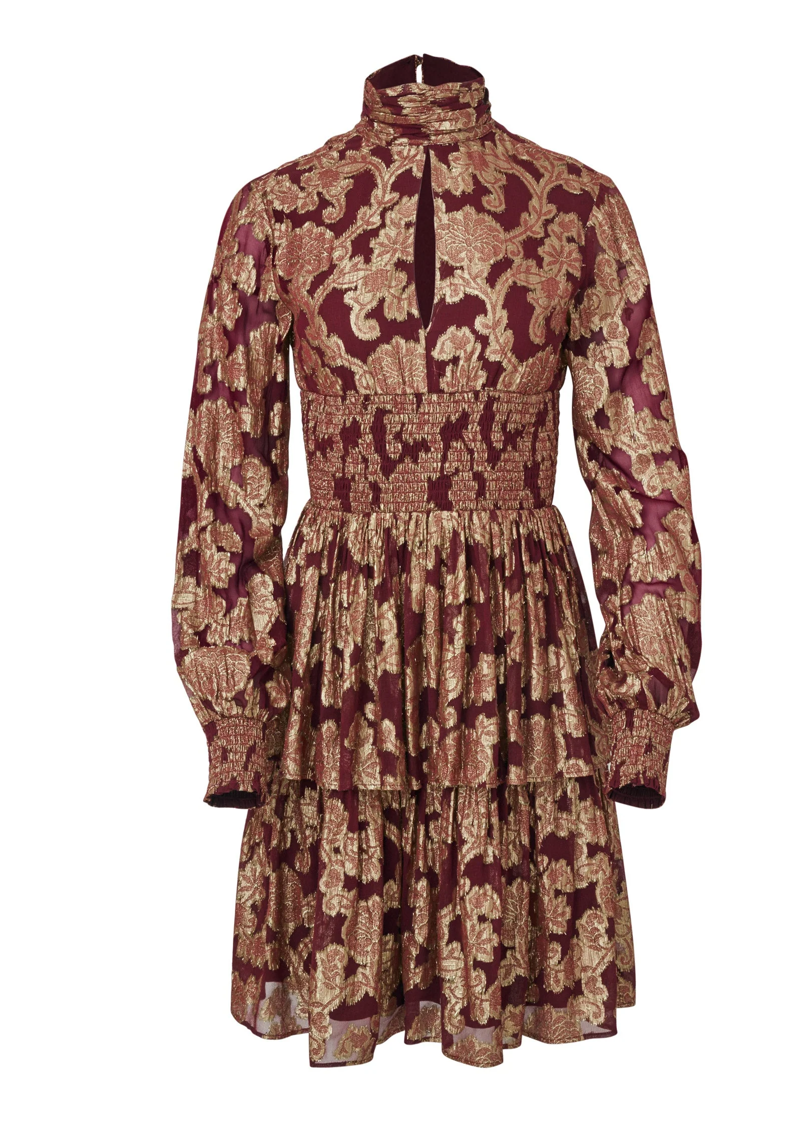 Smocked Waist Jaquard Mini Dress - Wine & Gold - Image 6