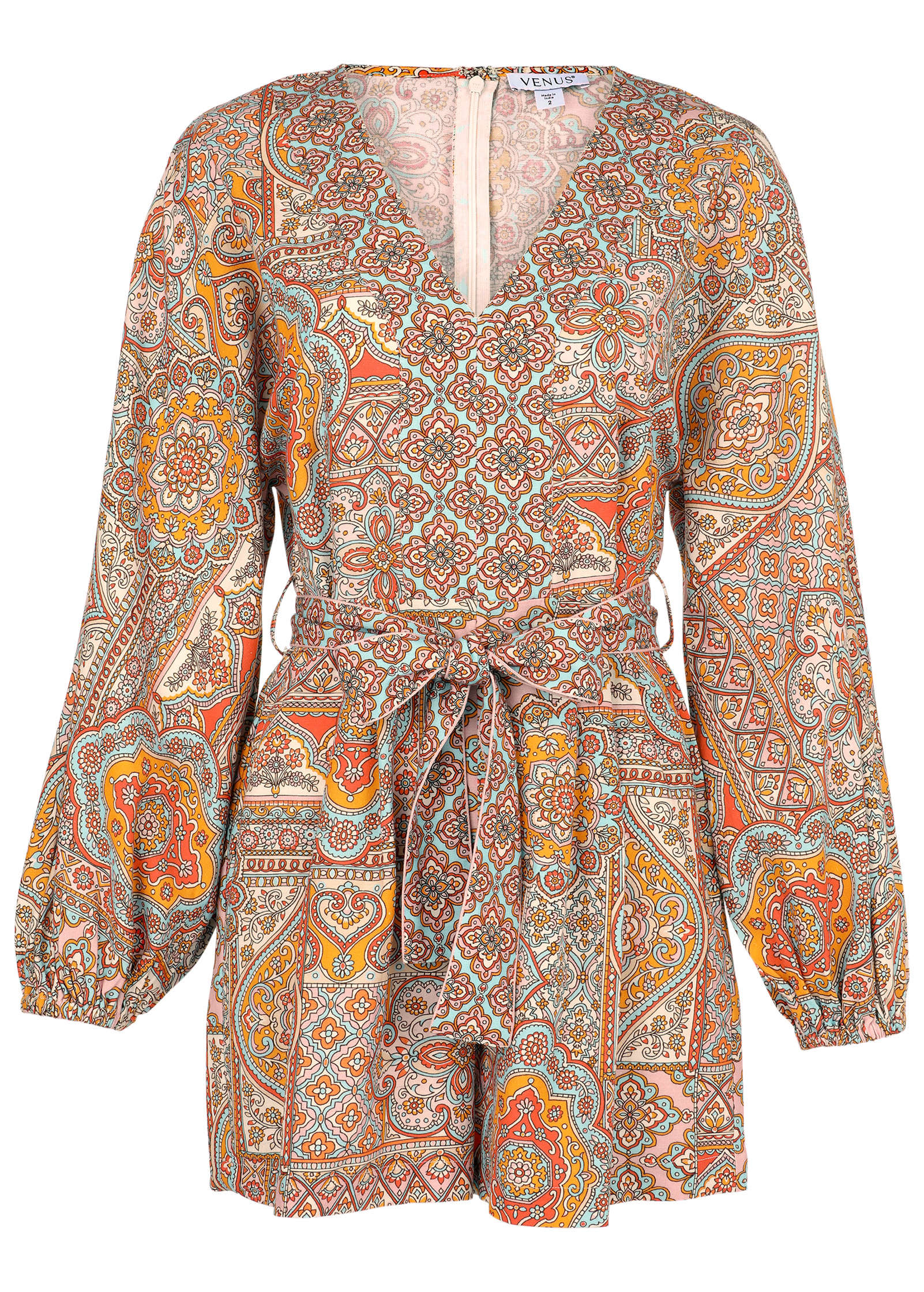 Linen Tie-Waist Romper - Medallion Golden Patchwork - Image 5
