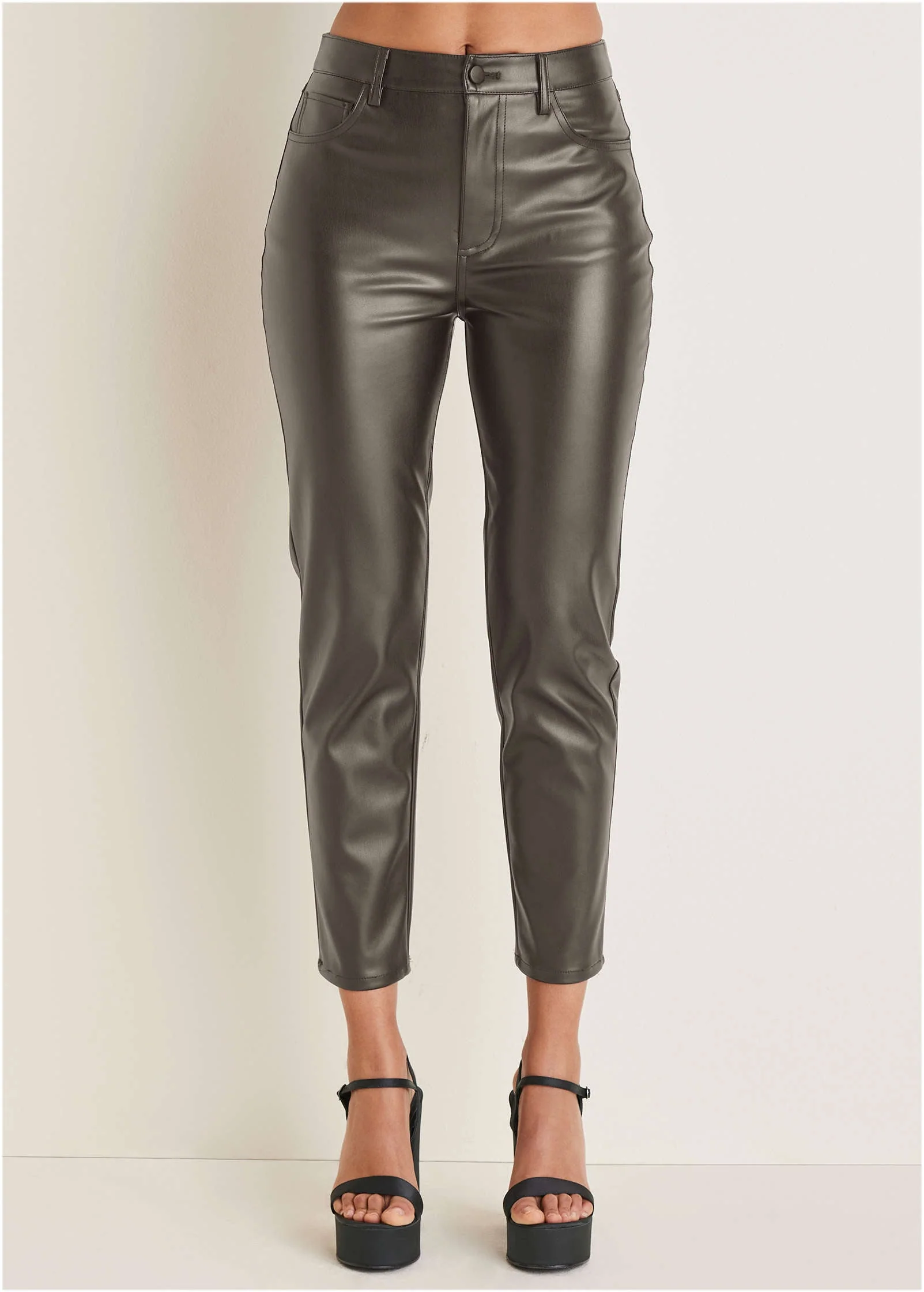 Faux Leather Straight Pants - Brown - Image 3