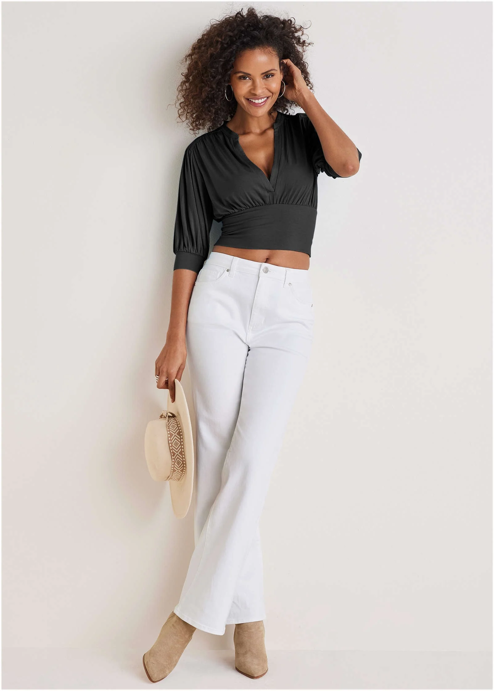 V-Neck Puff Sleeve Top - Jet Black - Image 3