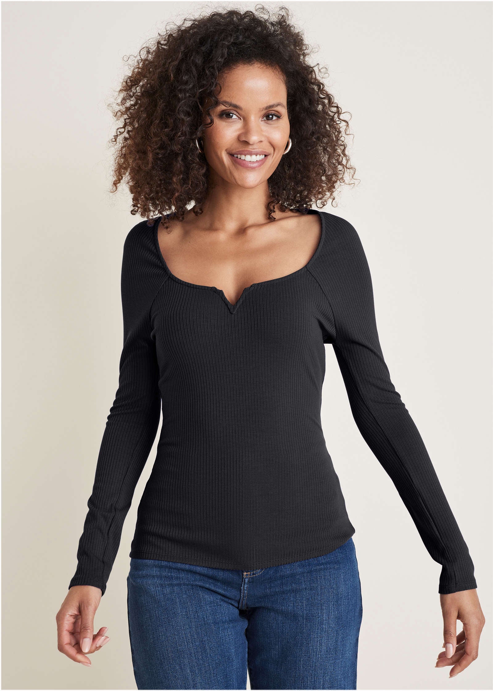 Deep Scoop Neck Ribbed Top - Jet Black - Image 4