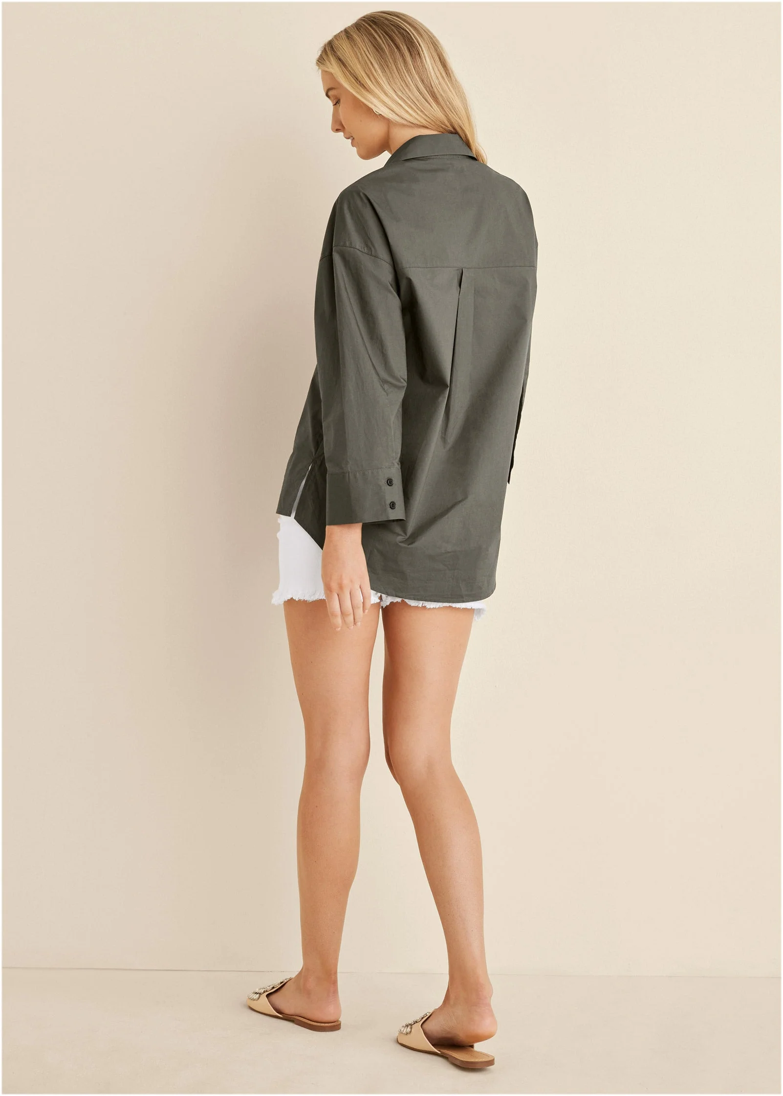 V-Neck Oversized Shirt - Olive - Image 3