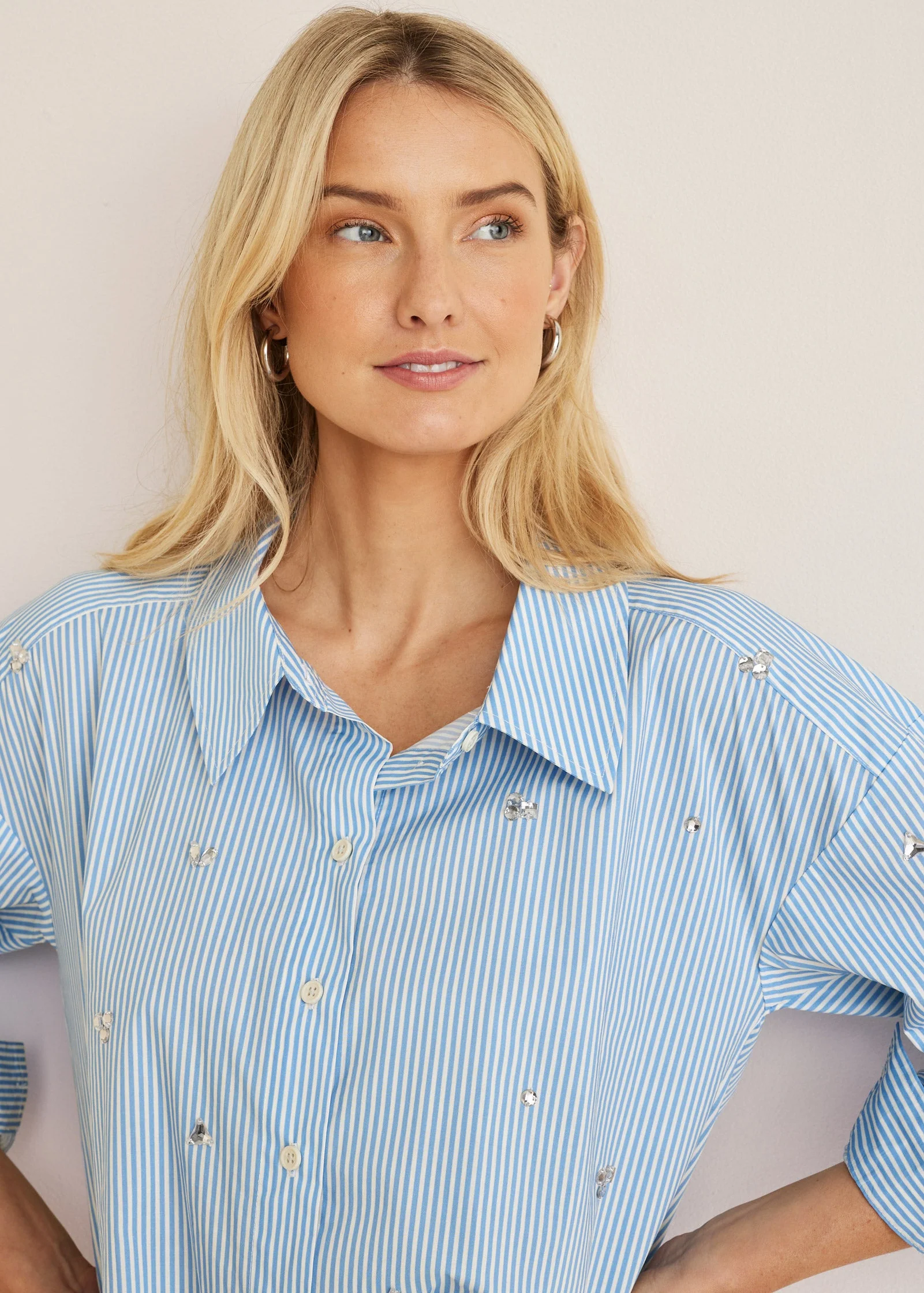 Embellished Collared Shirt - Blue Whisper Stripe - Image 6