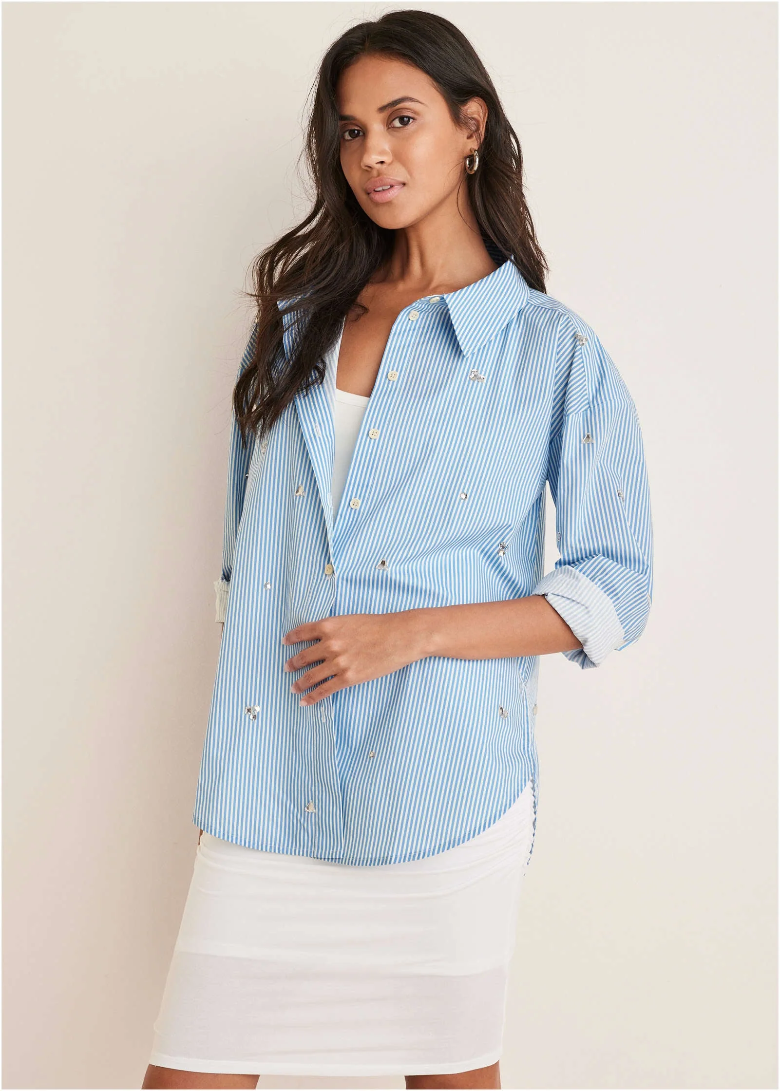 Embellished Collared Shirt - Blue Whisper Stripe - Image 7
