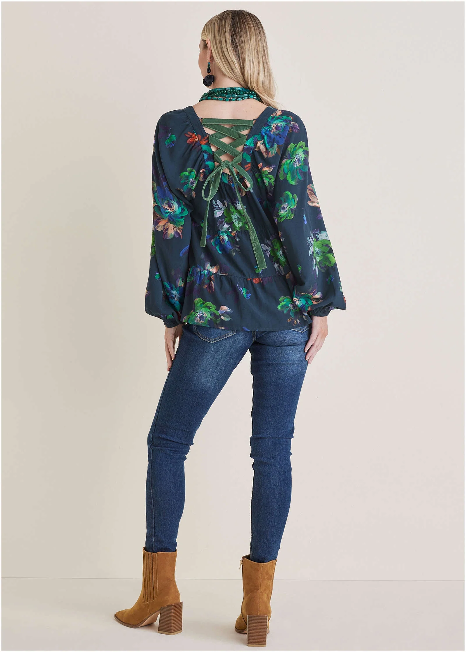 Square Neck Tiered Blouse - Midnight Garden - Image 3