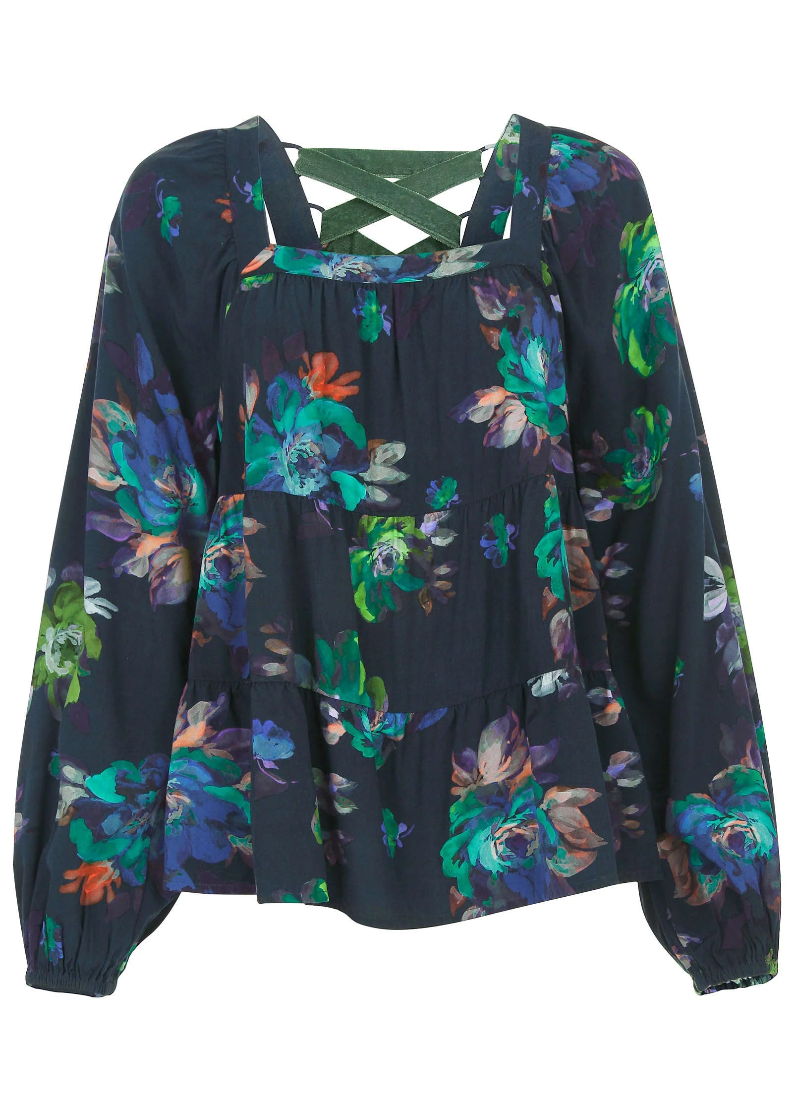 Square Neck Tiered Blouse - Midnight Garden - Image 5