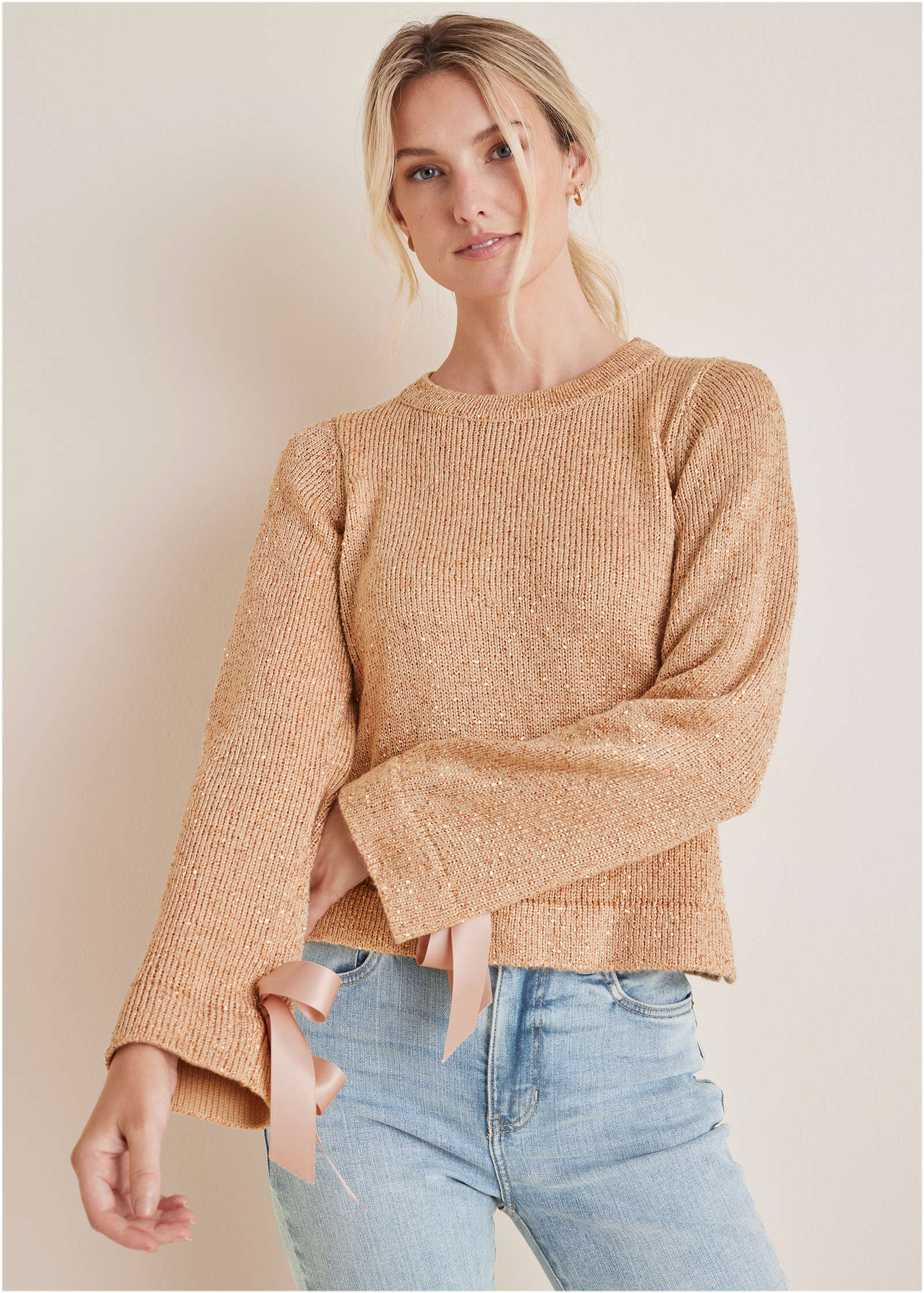 Glitter Knit Sweater - Cream Tan - Image 5