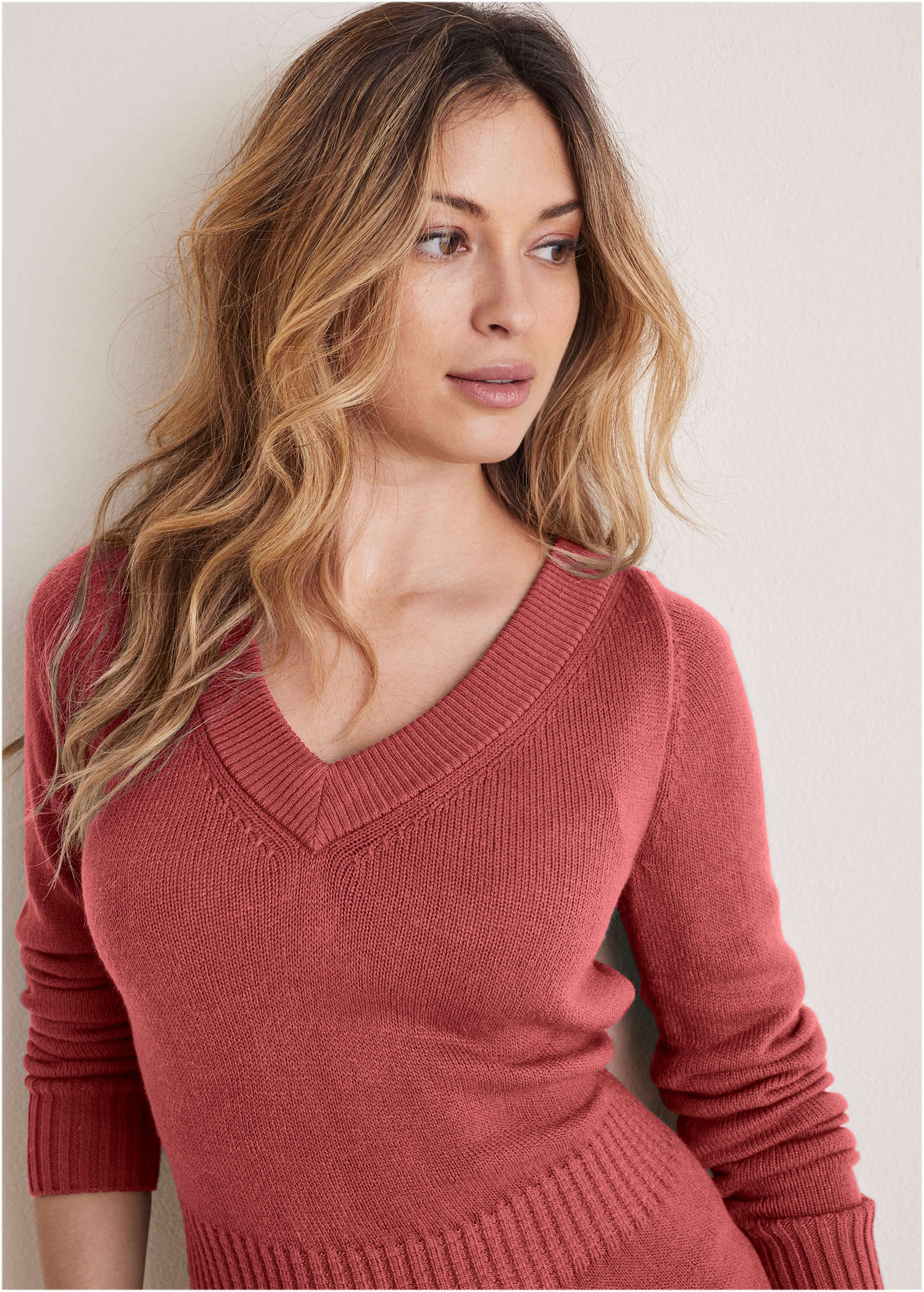 V-Neck Mini Sweater Dress - Mineral Red - Image 3