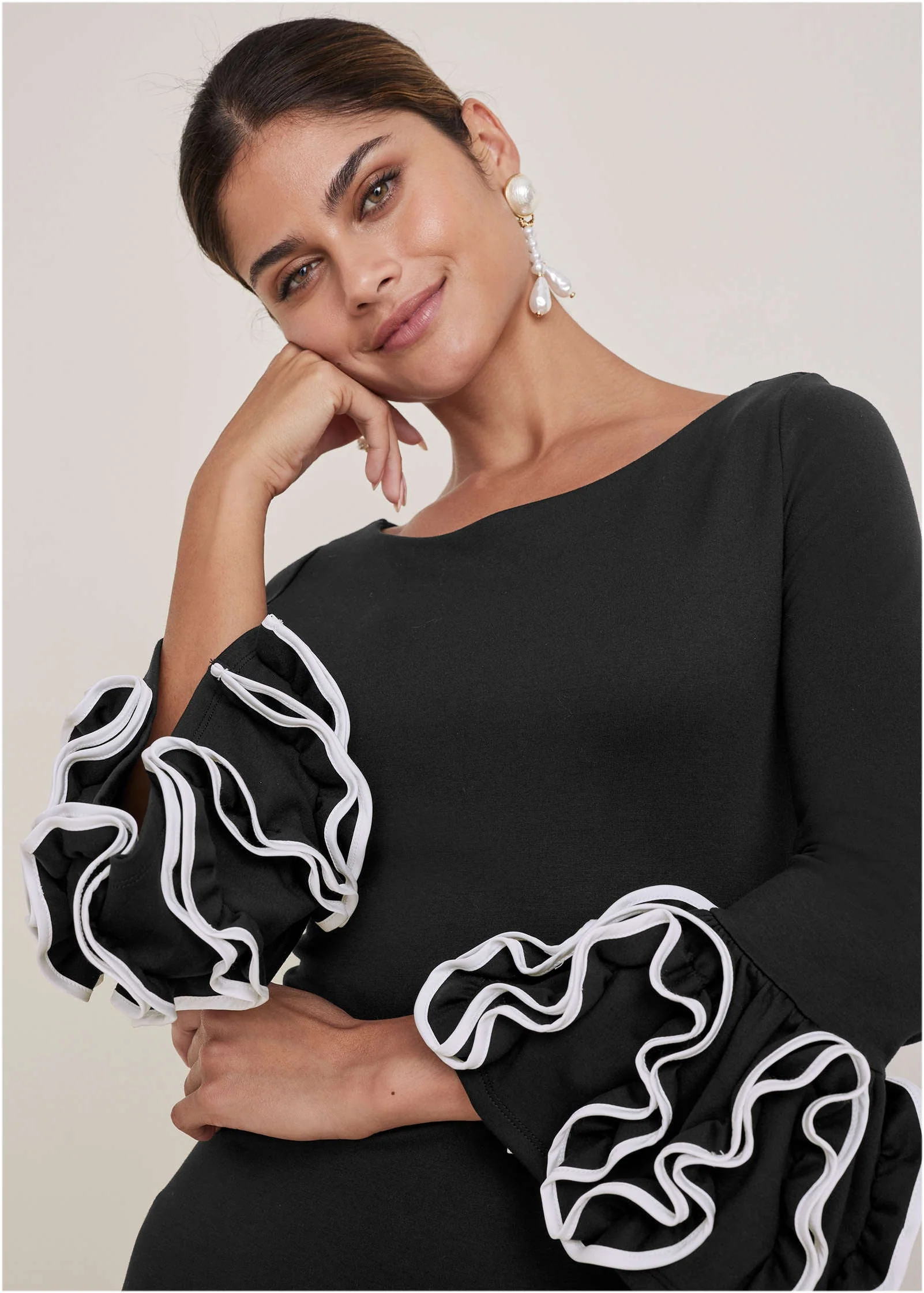 Ruffle Trim Ponte Dress - Jet Black - Image 5