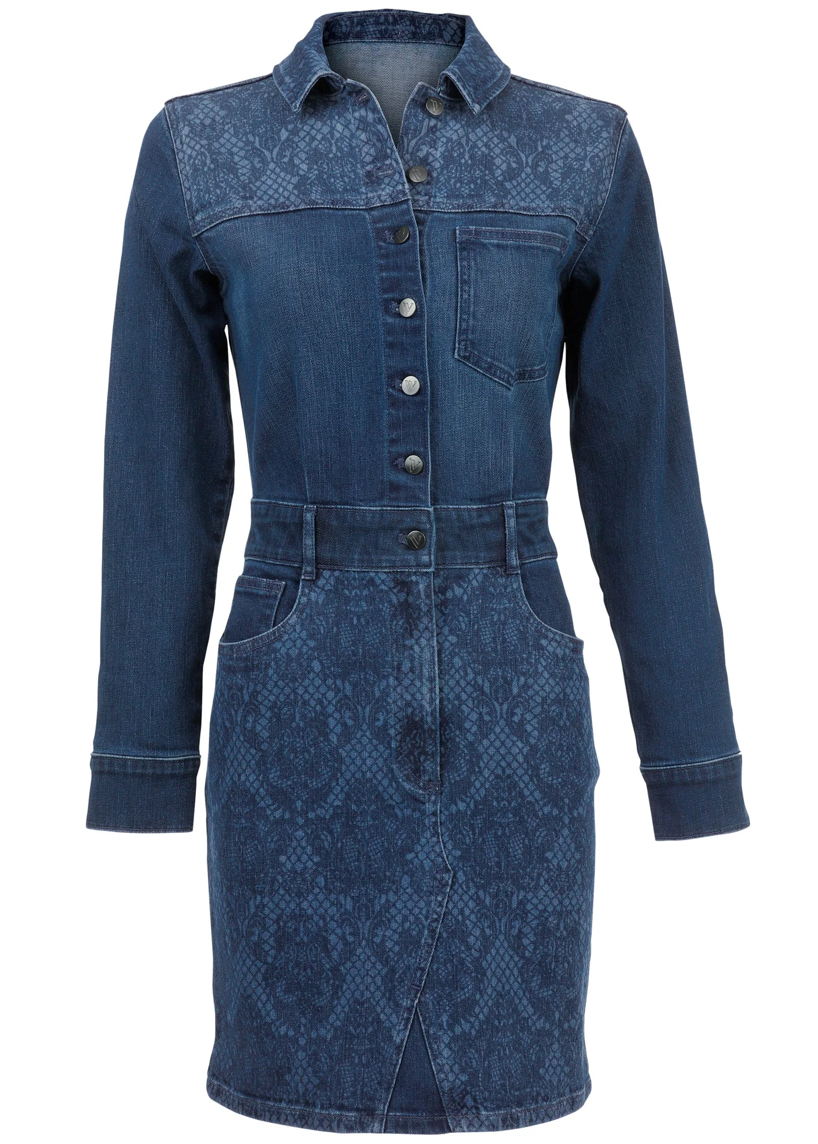 Lace Print Denim Mini Dress - Medium Wash - Image 4