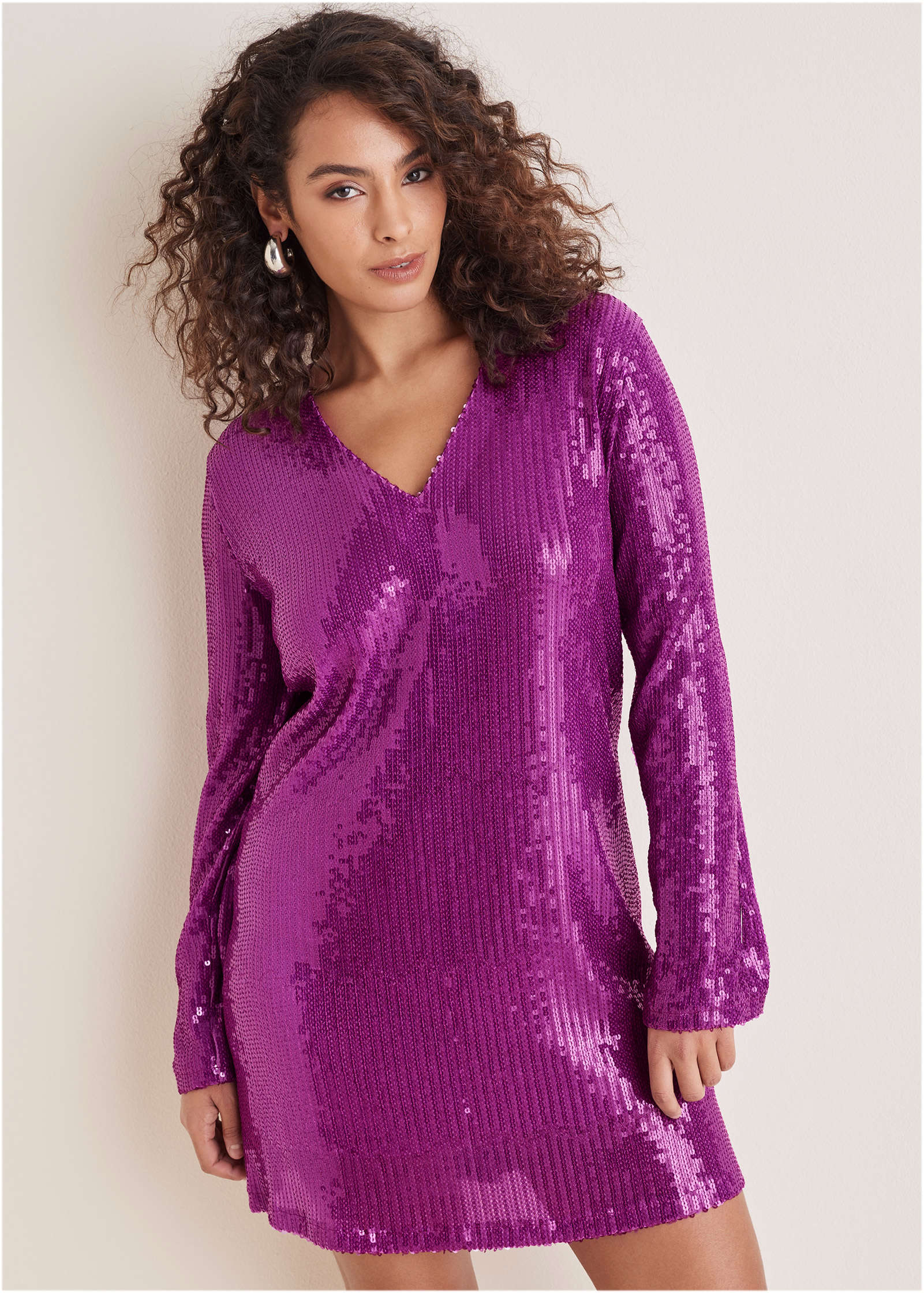 Sequin Long-Sleeve Mini Dress - Cattleya Orchid - Image 5