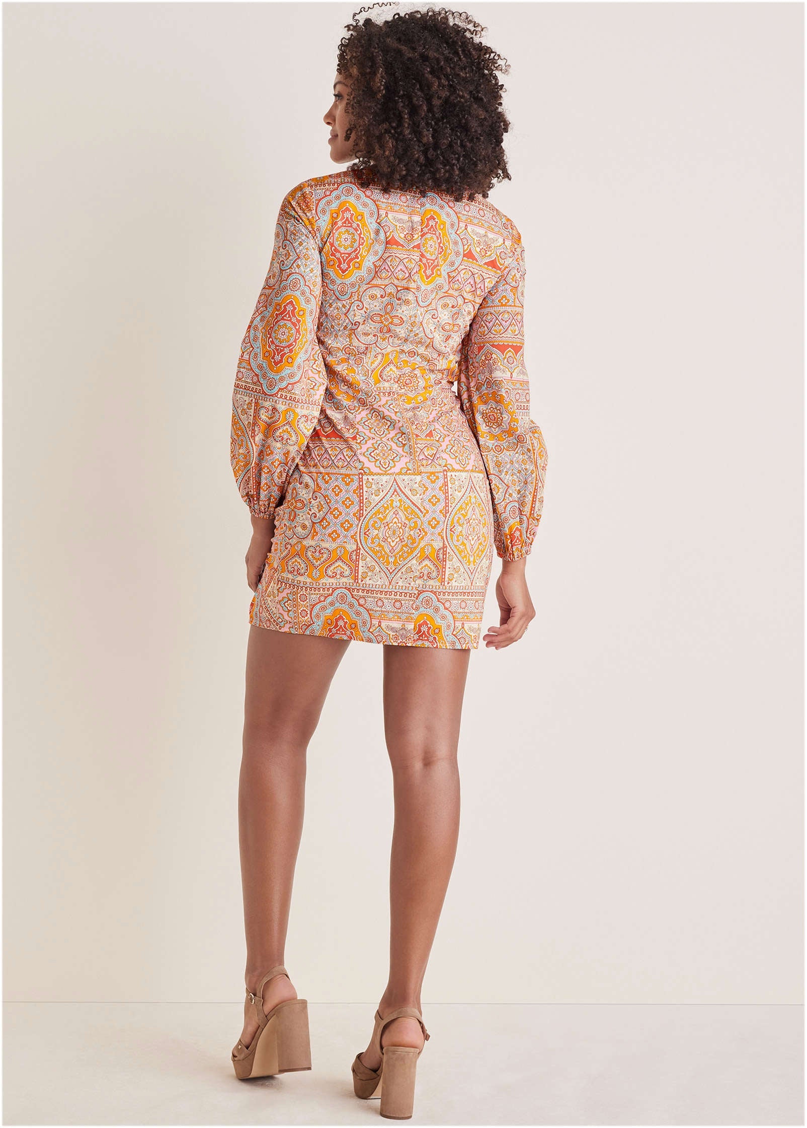 Balloon Sleeve Mini Dress - Medallion Golden Patchwork - Image 4
