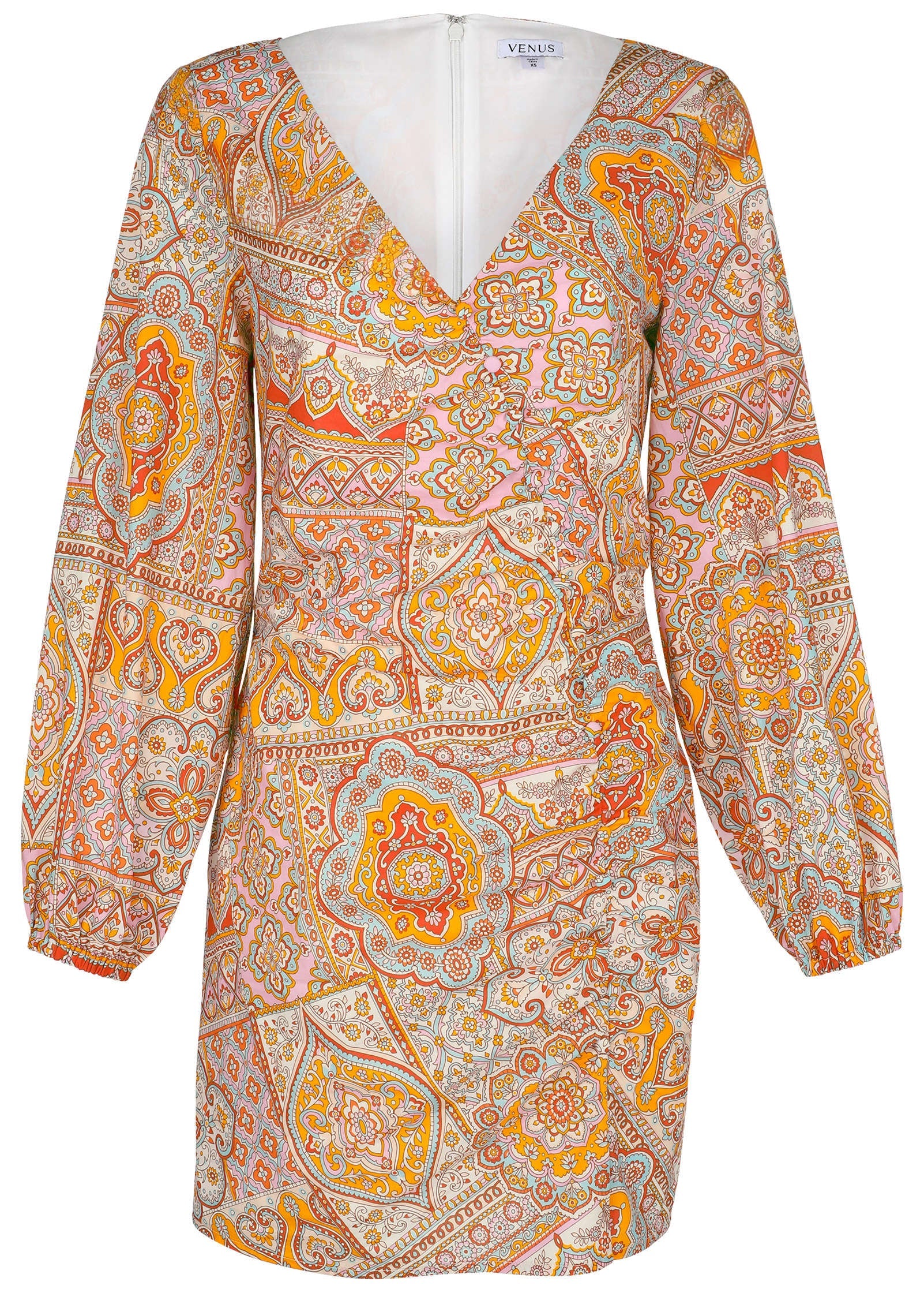 Balloon Sleeve Mini Dress - Medallion Golden Patchwork - Image 6