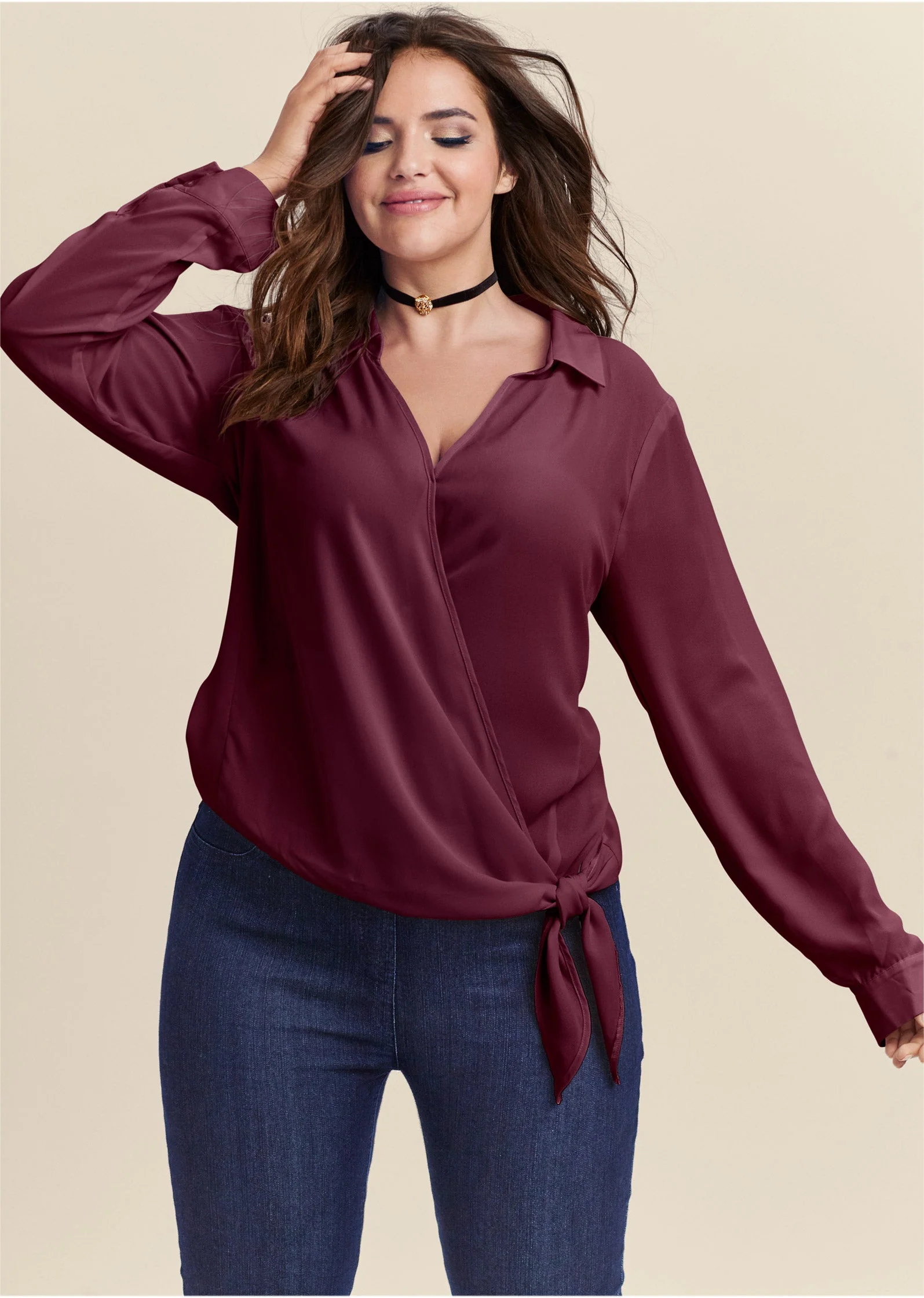 Surplice Side Tie Blouse - Wine - Image 10