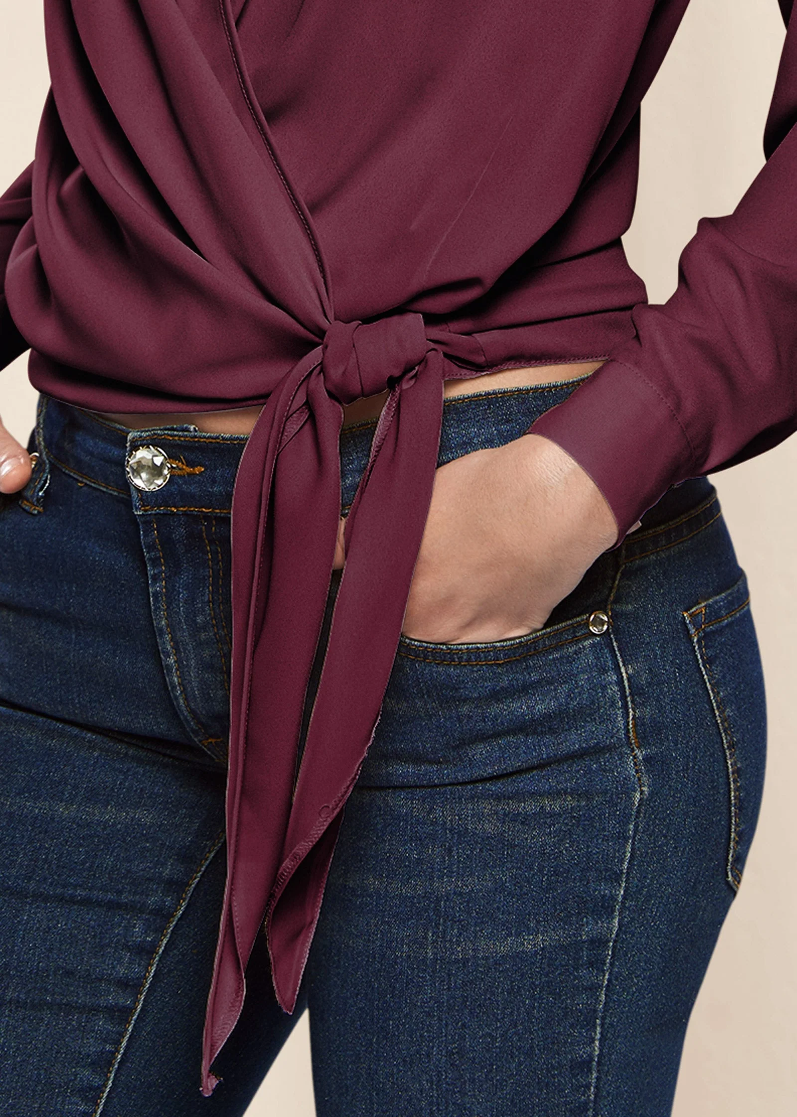 Surplice Side Tie Blouse - Wine - Image 4