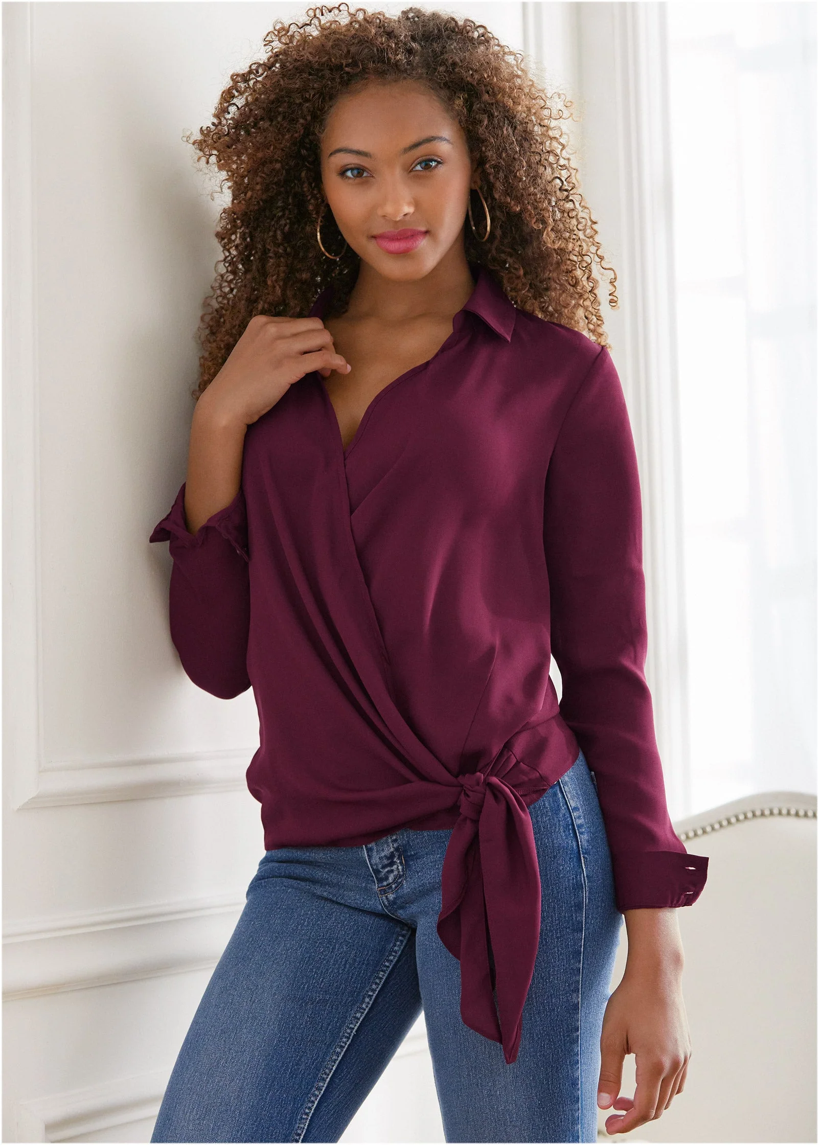 Surplice Side Tie Blouse - Wine - Image 9