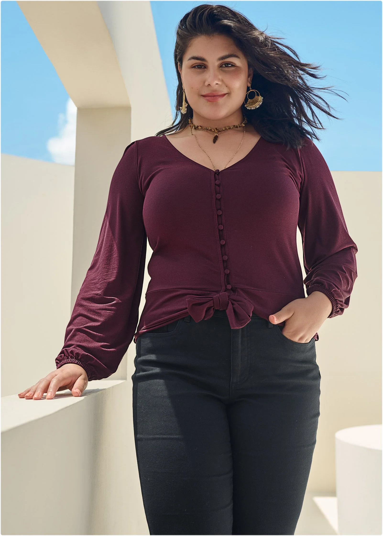 Tie-Front Button-Up Top - Wine - Image 10