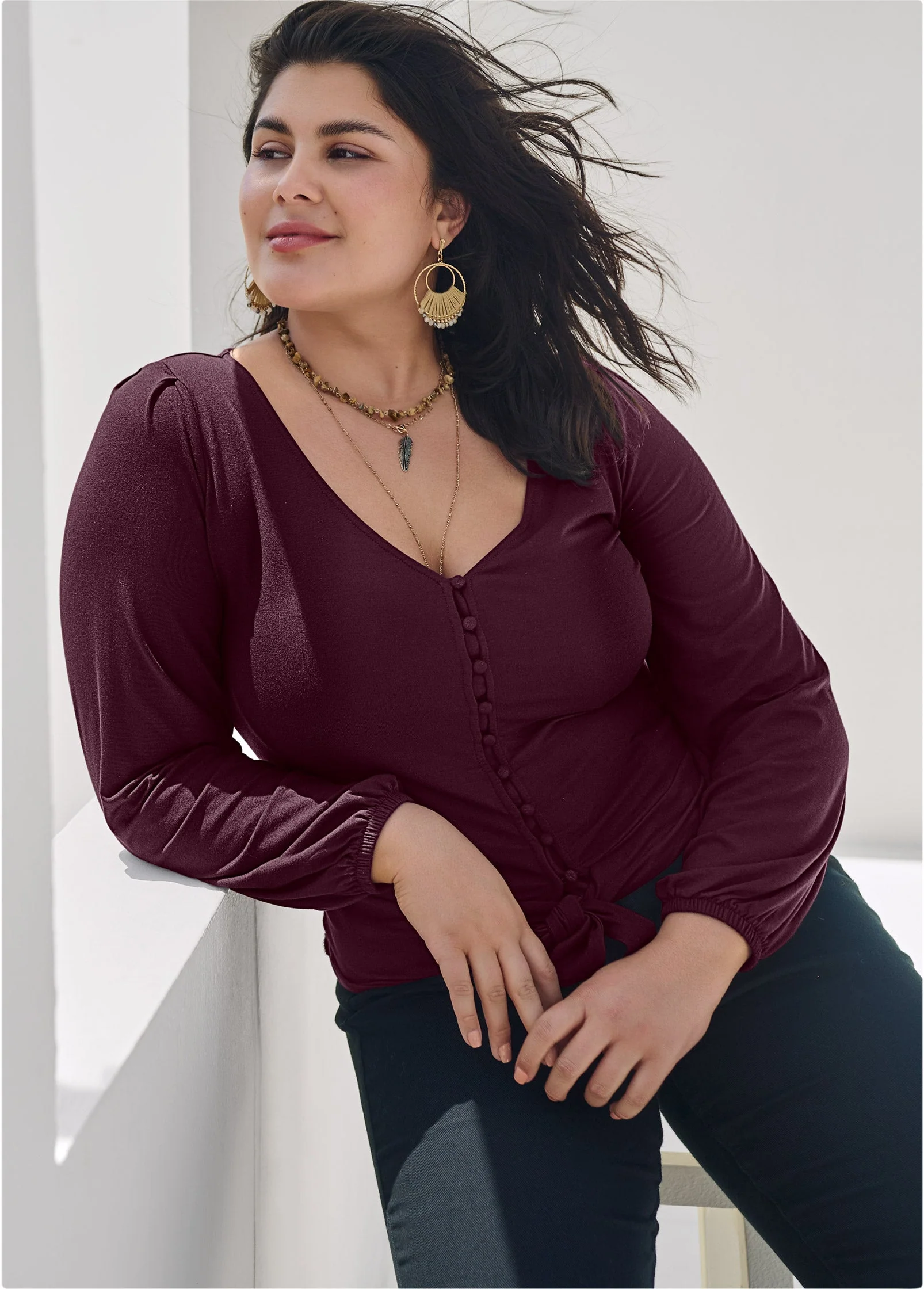 Tie-Front Button-Up Top - Wine - Image 11