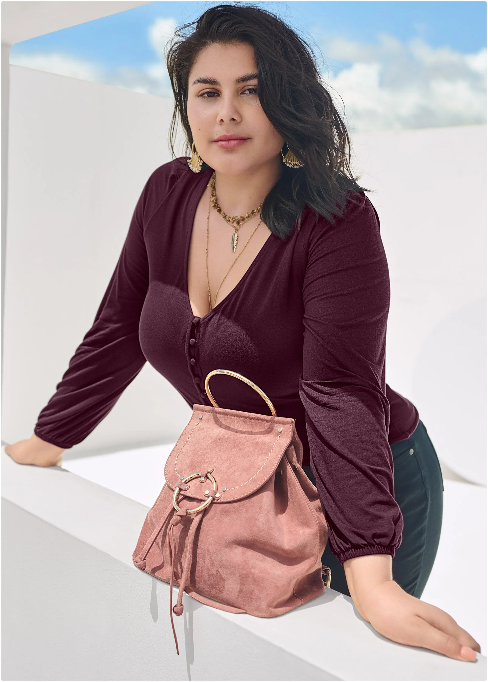 Tie-Front Button-Up Top - Wine - Image 12