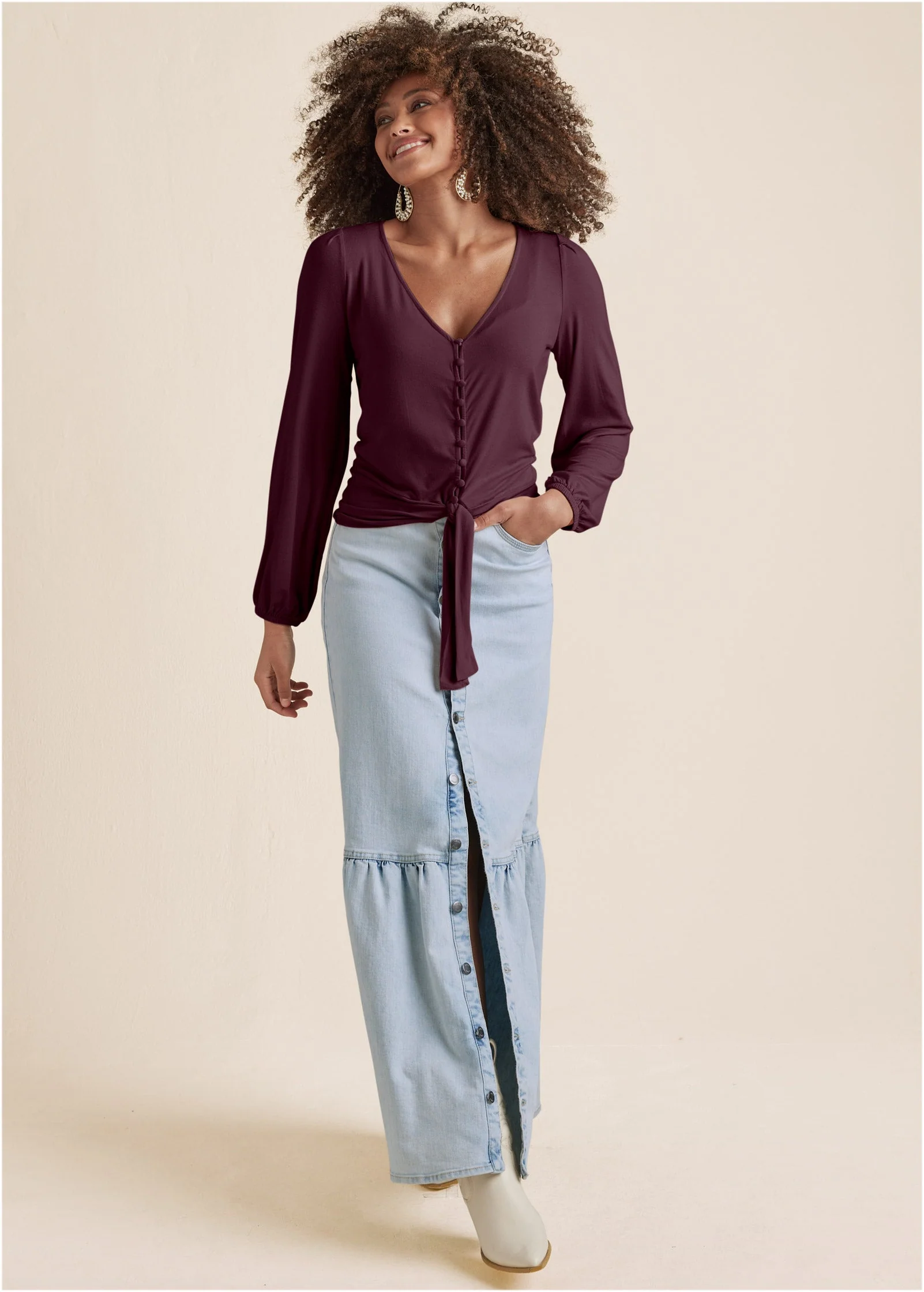 Tie-Front Button-Up Top - Wine - Image 3