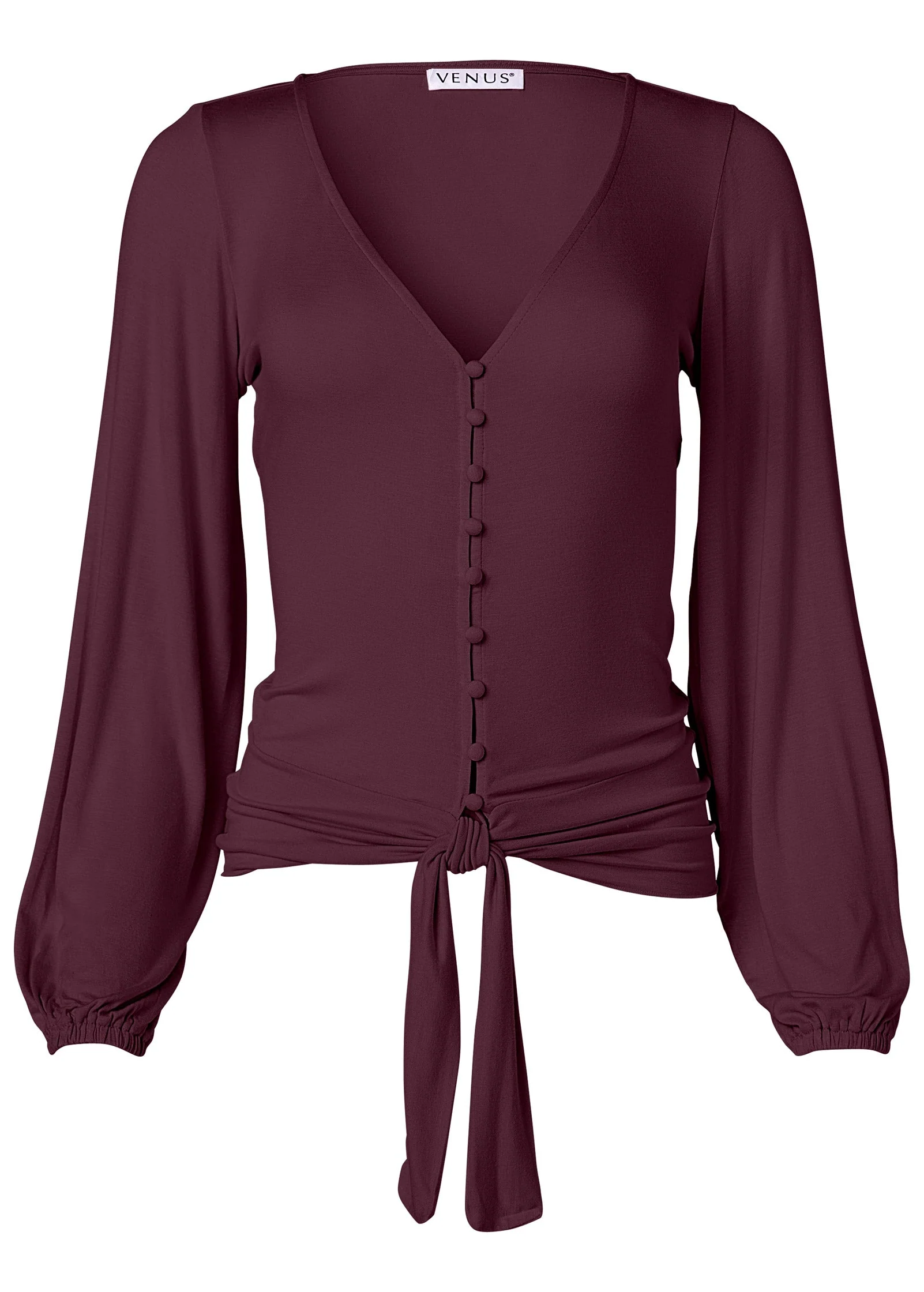 Tie-Front Button-Up Top - Wine - Image 5