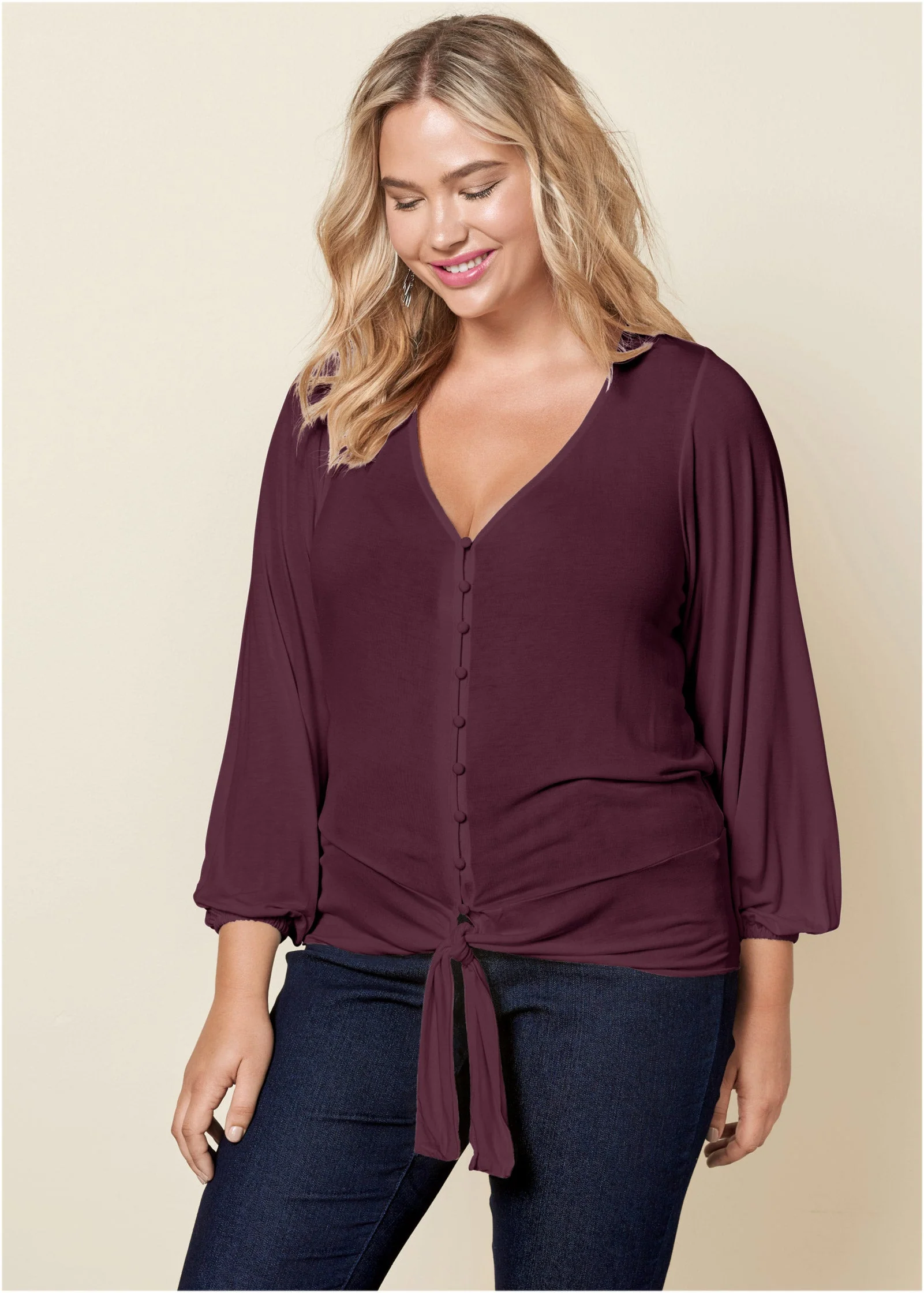 Tie-Front Button-Up Top - Wine - Image 7