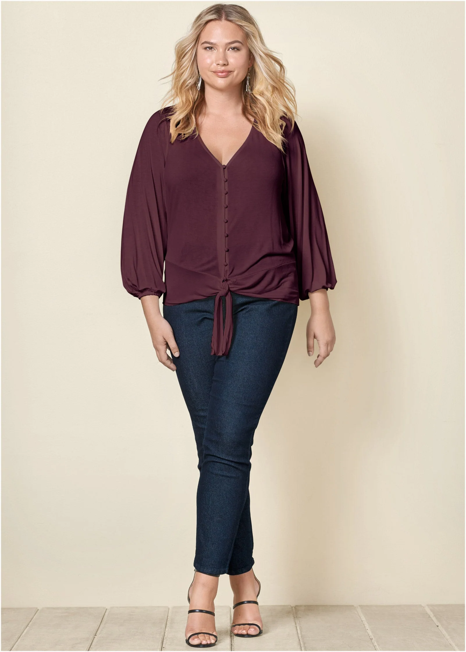 Tie-Front Button-Up Top - Wine - Image 9